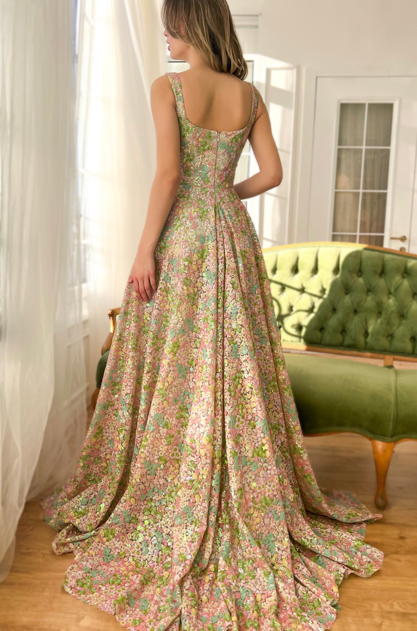 Colorful A-Line dress with embroidery and flowers and straps