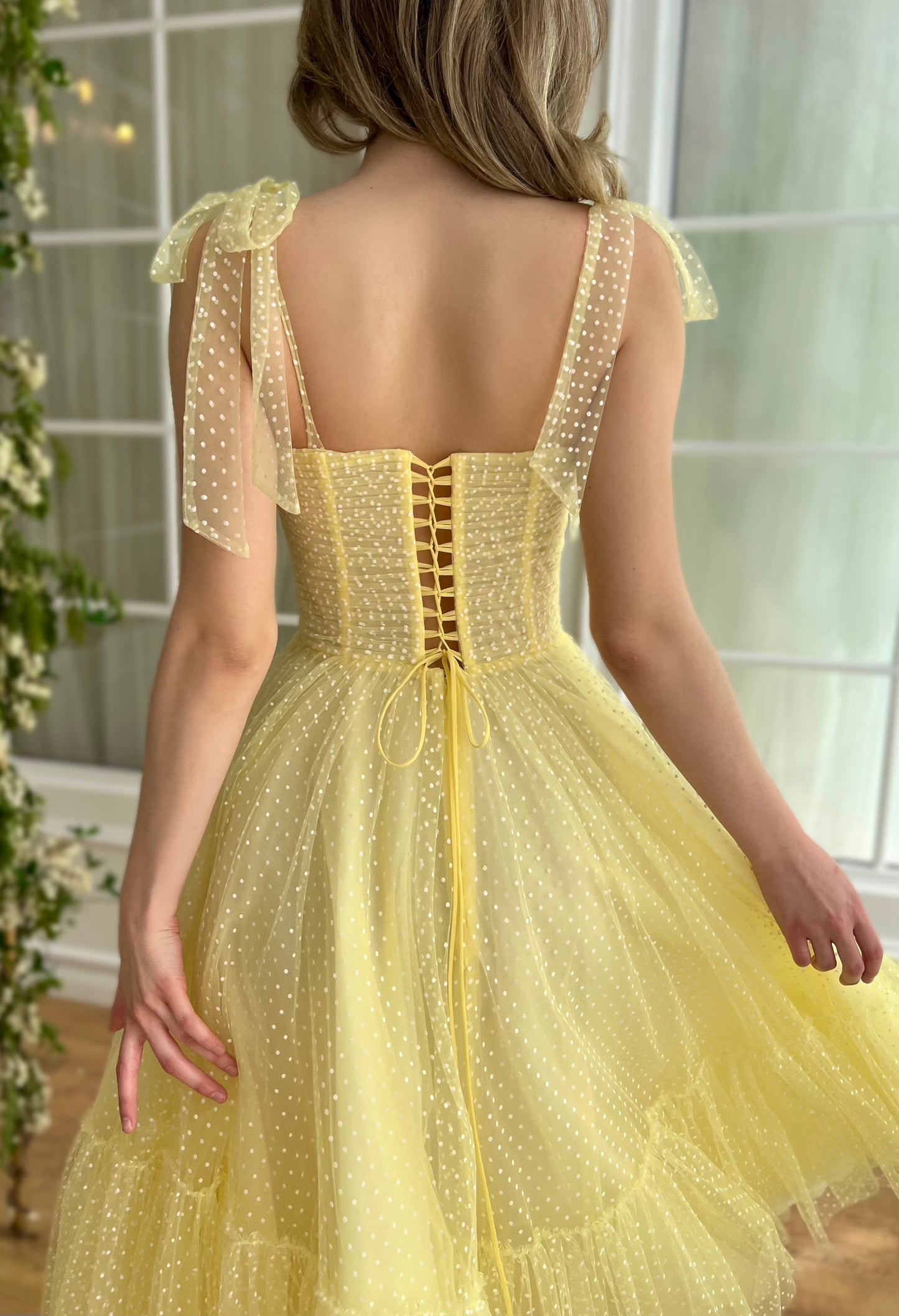 Yellow midi dress with off the shoulder sleeves and embroidery