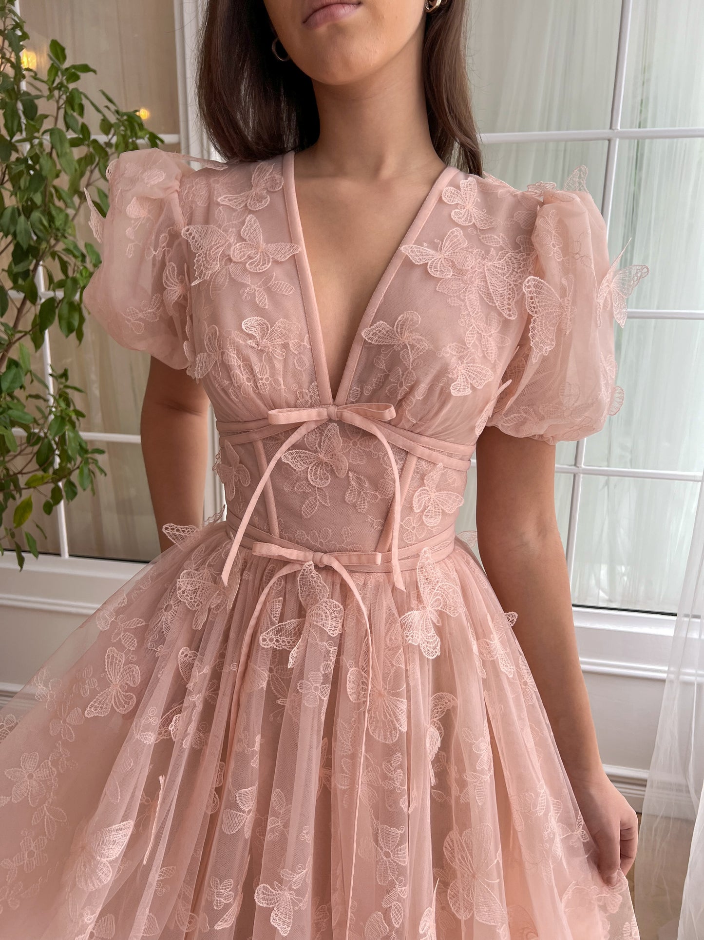Pink A-Line dress with short sleeves, v-neck and embroidered butterflies