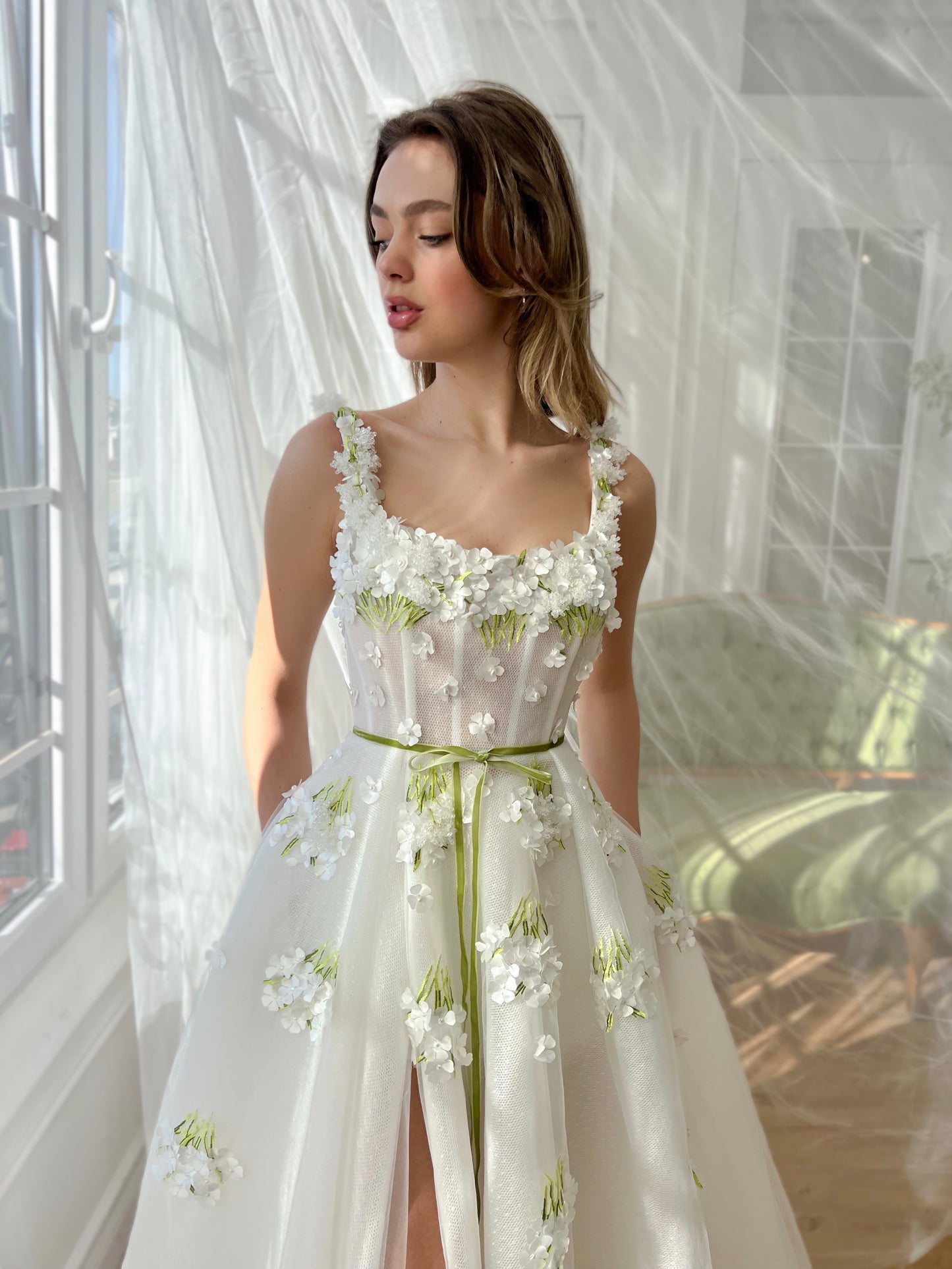 White A-Line dress with straps and embroidery