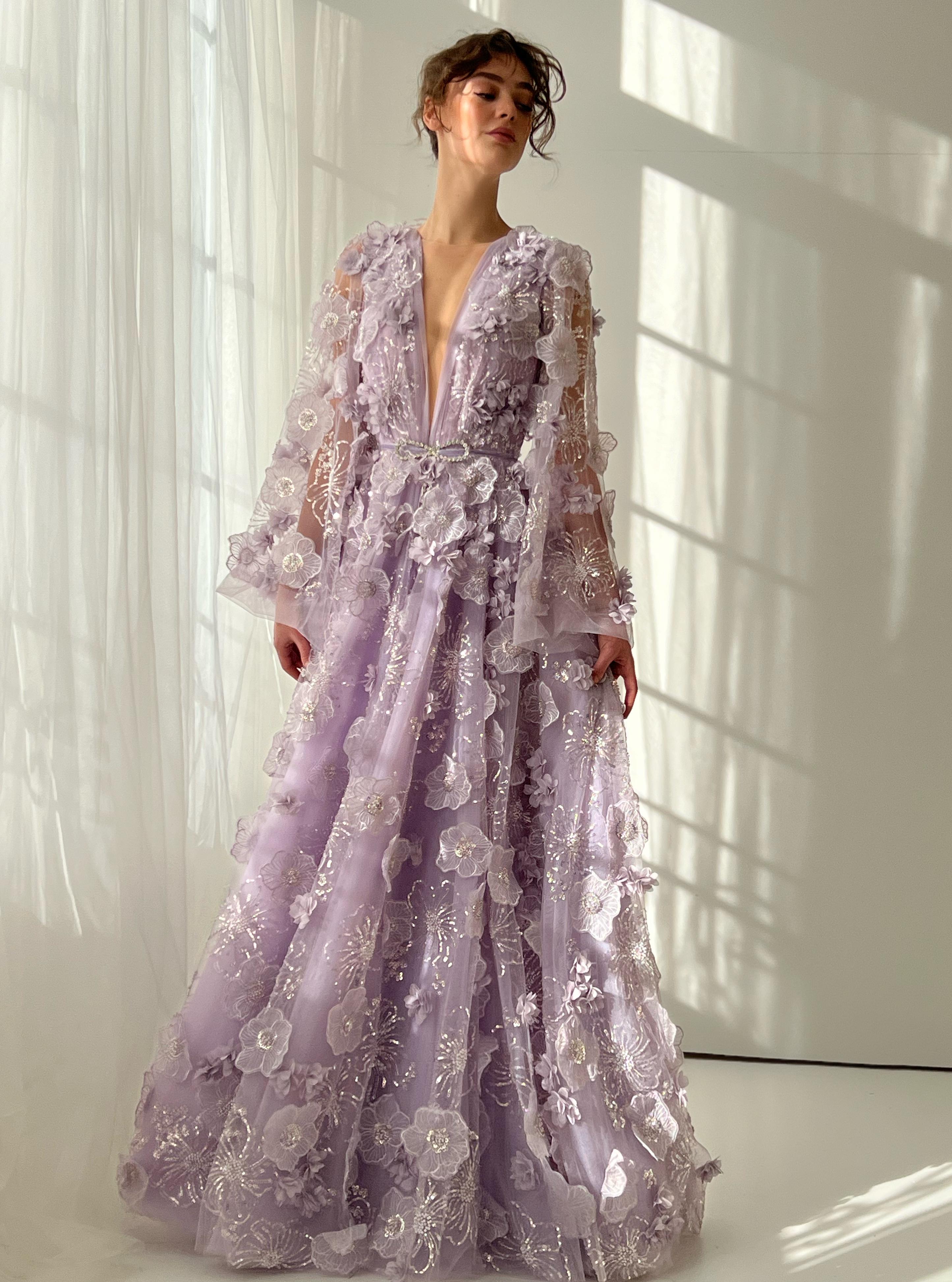 Purple A-Line dress with long sleeves, embroidery and v-neck