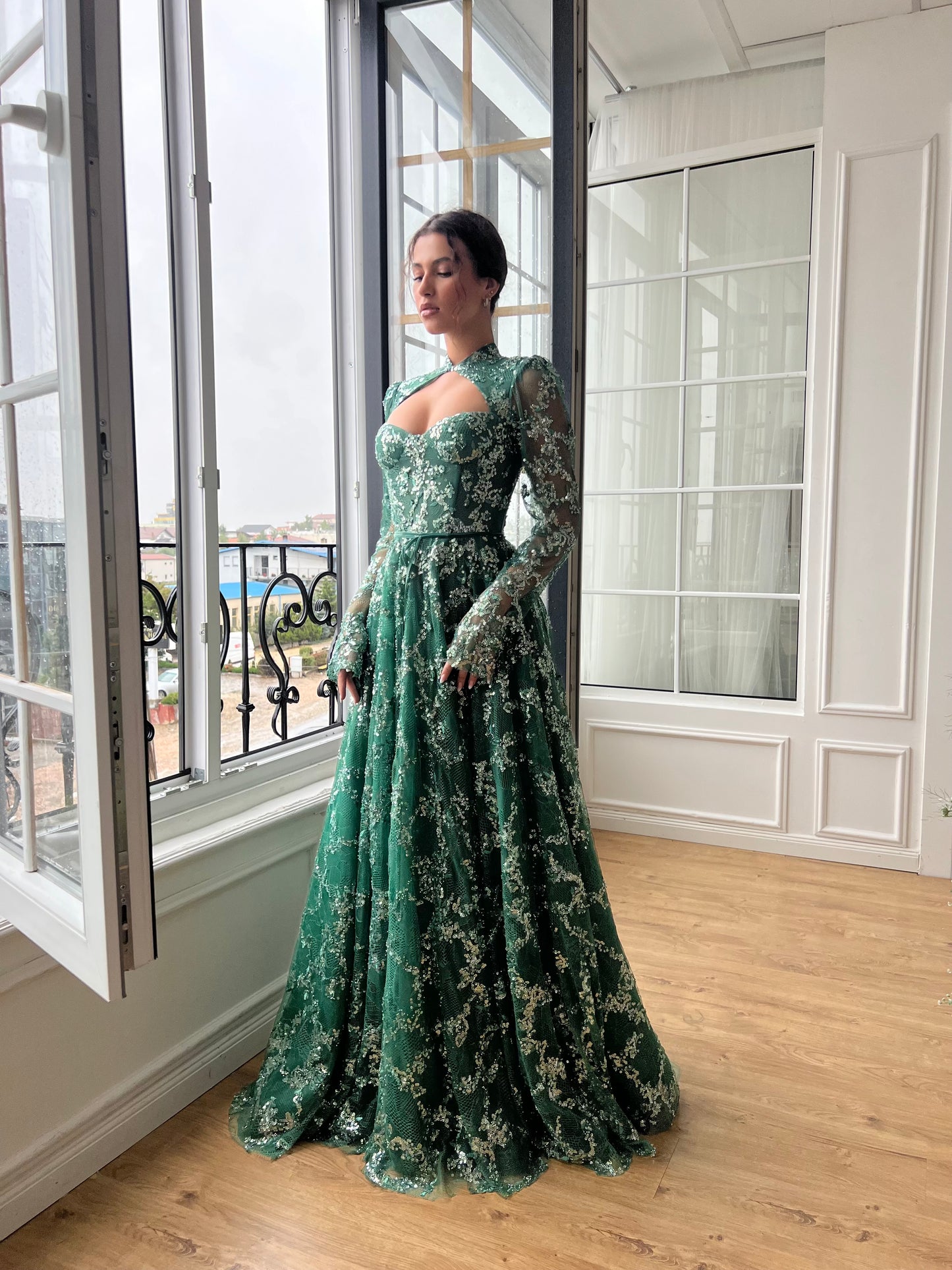 Green A-Line dress with long sleeves, sequins and embroidery