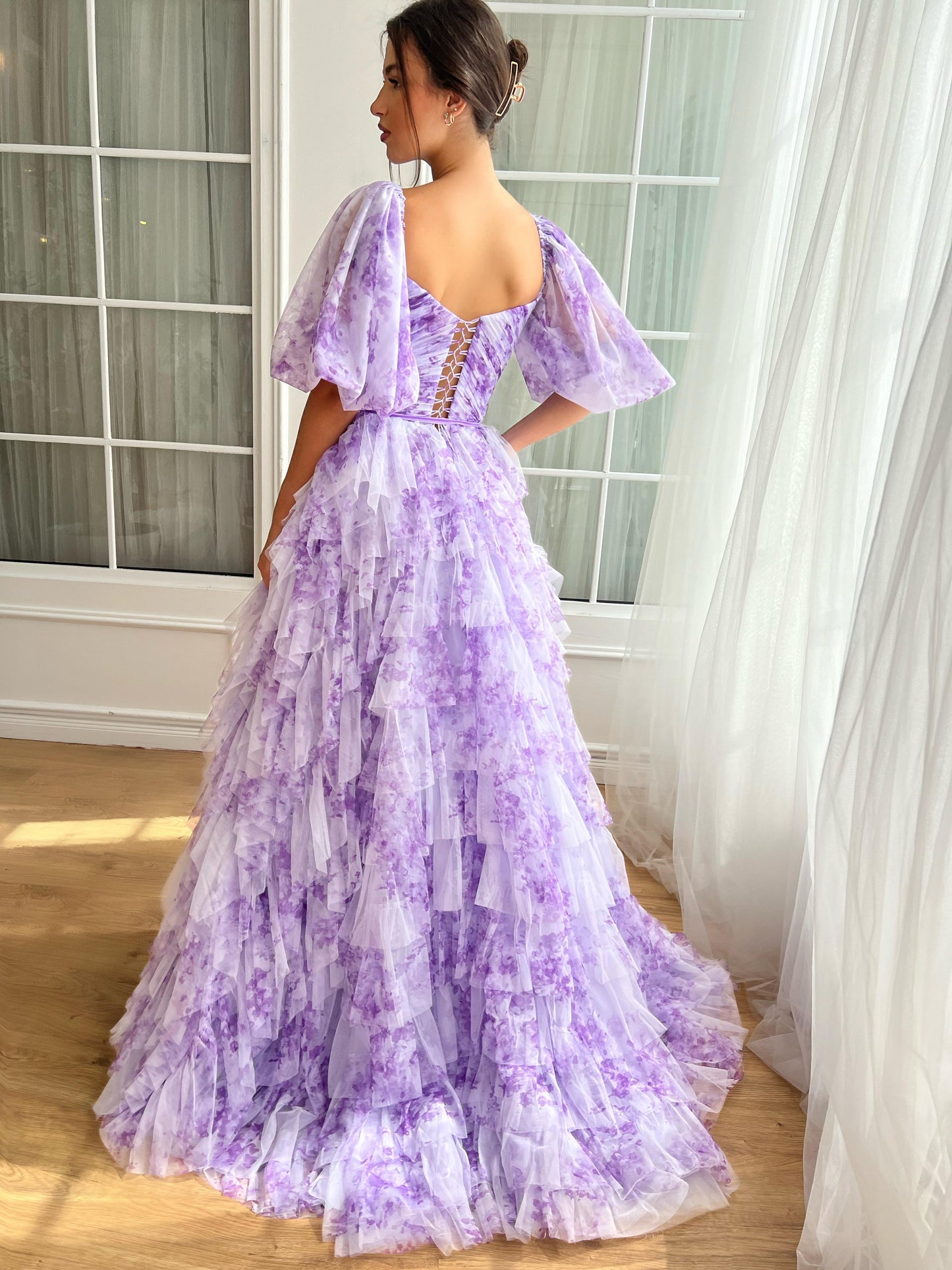 Purple A-Line dress with short sleeves, ruffled skirt and printed floral tulle