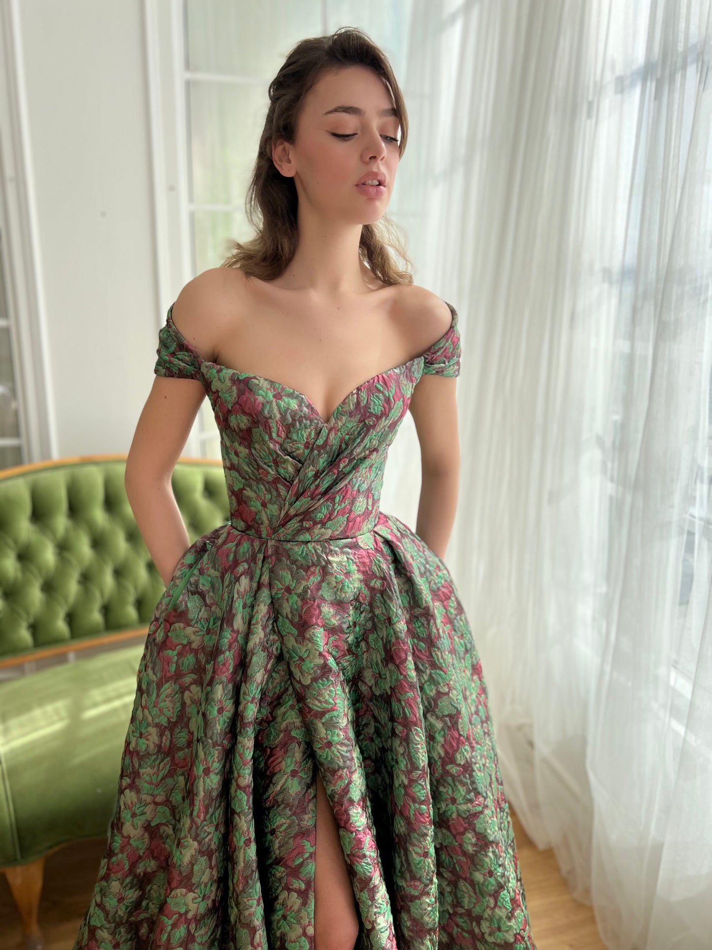Green and Pink A-Line dress with off the shoulder sleeves and floral brocade fabric