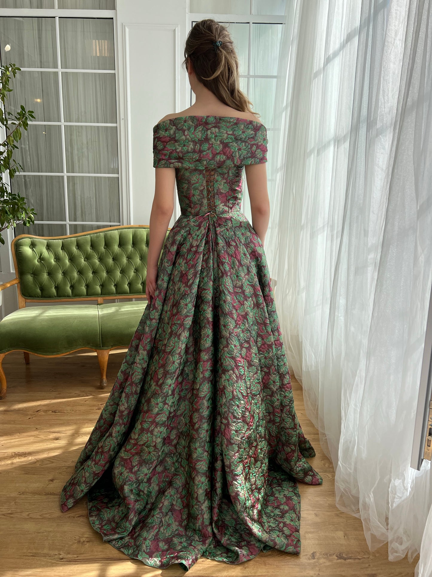 Green and Pink A-Line dress with off the shoulder sleeves and floral brocade fabric