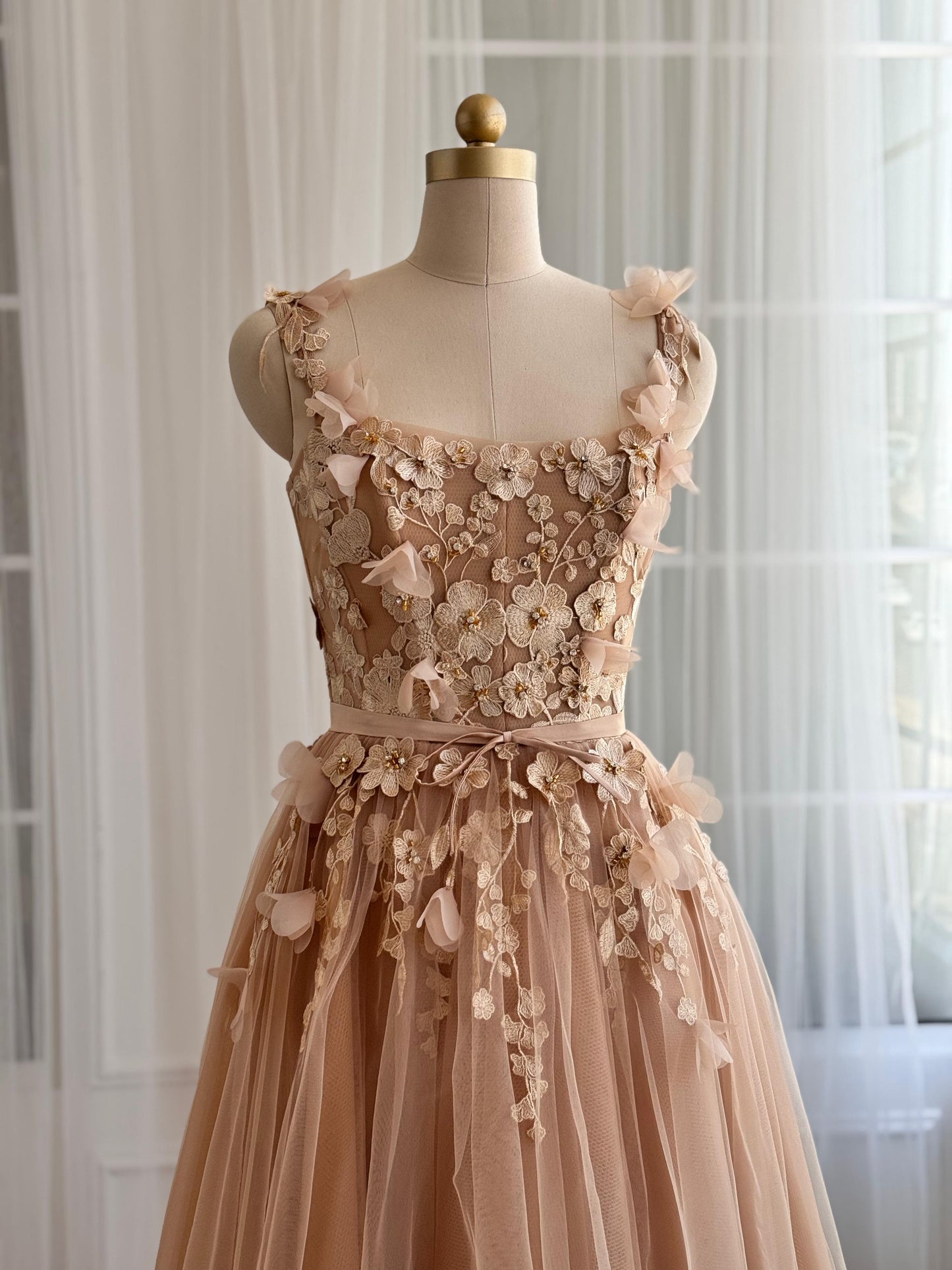 Beige midi dress with embroidered flowers and straps