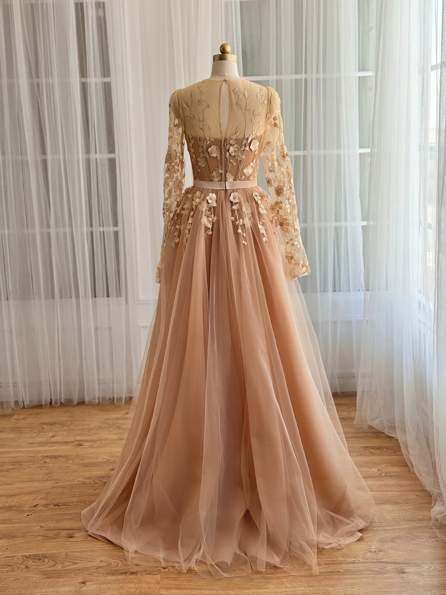 Beige A-Line dress with long sleeves and embroidered flowers