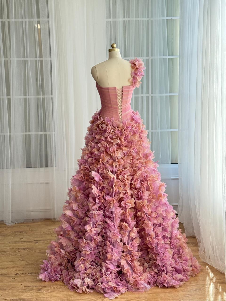 Pink A-Line dress with floral embroidered skirt, floral strap and one shoulder strap