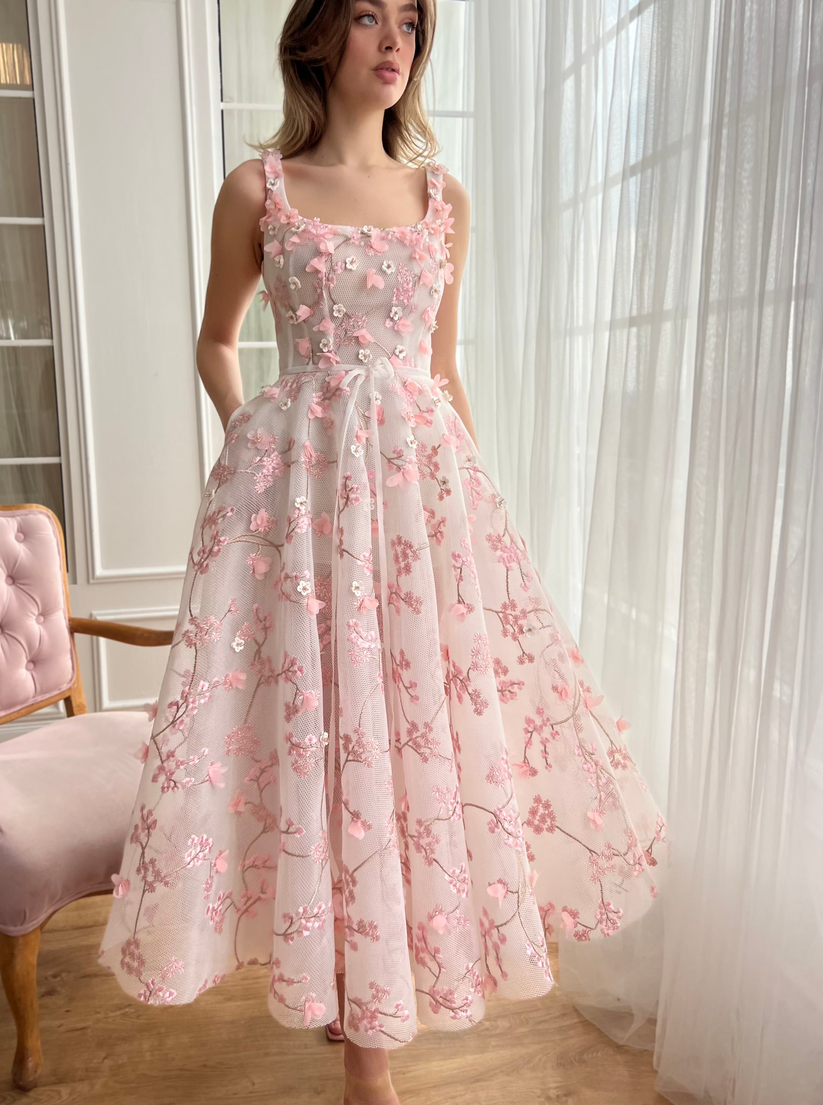 Pink midi dress with embroidered cherry blossoms and straps