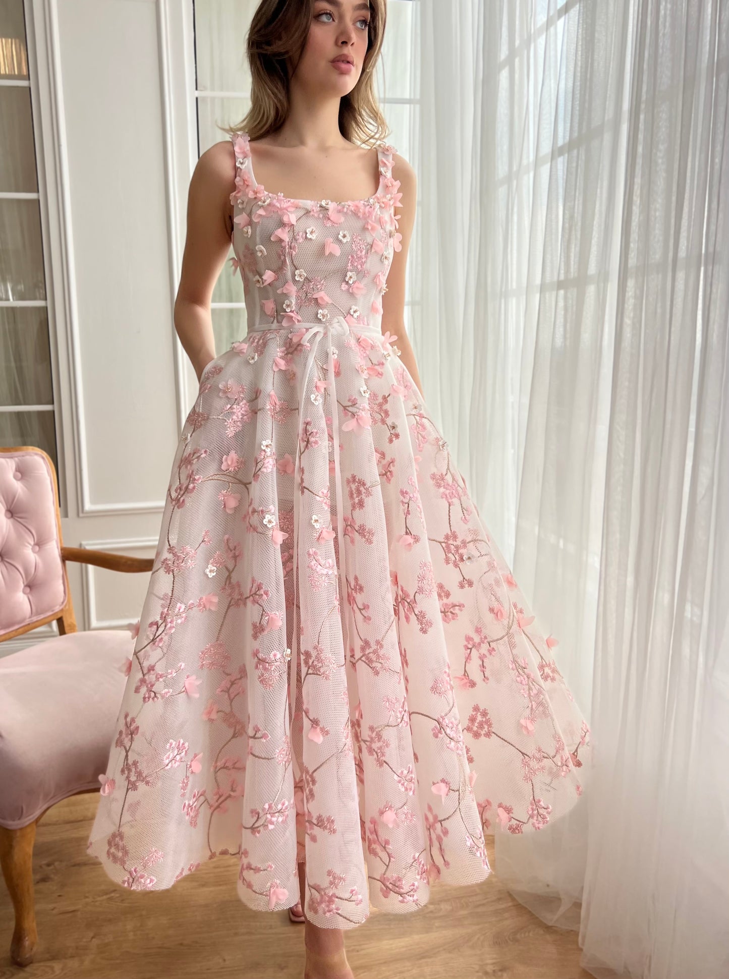 Pink midi dress with embroidered cherry blossoms and straps