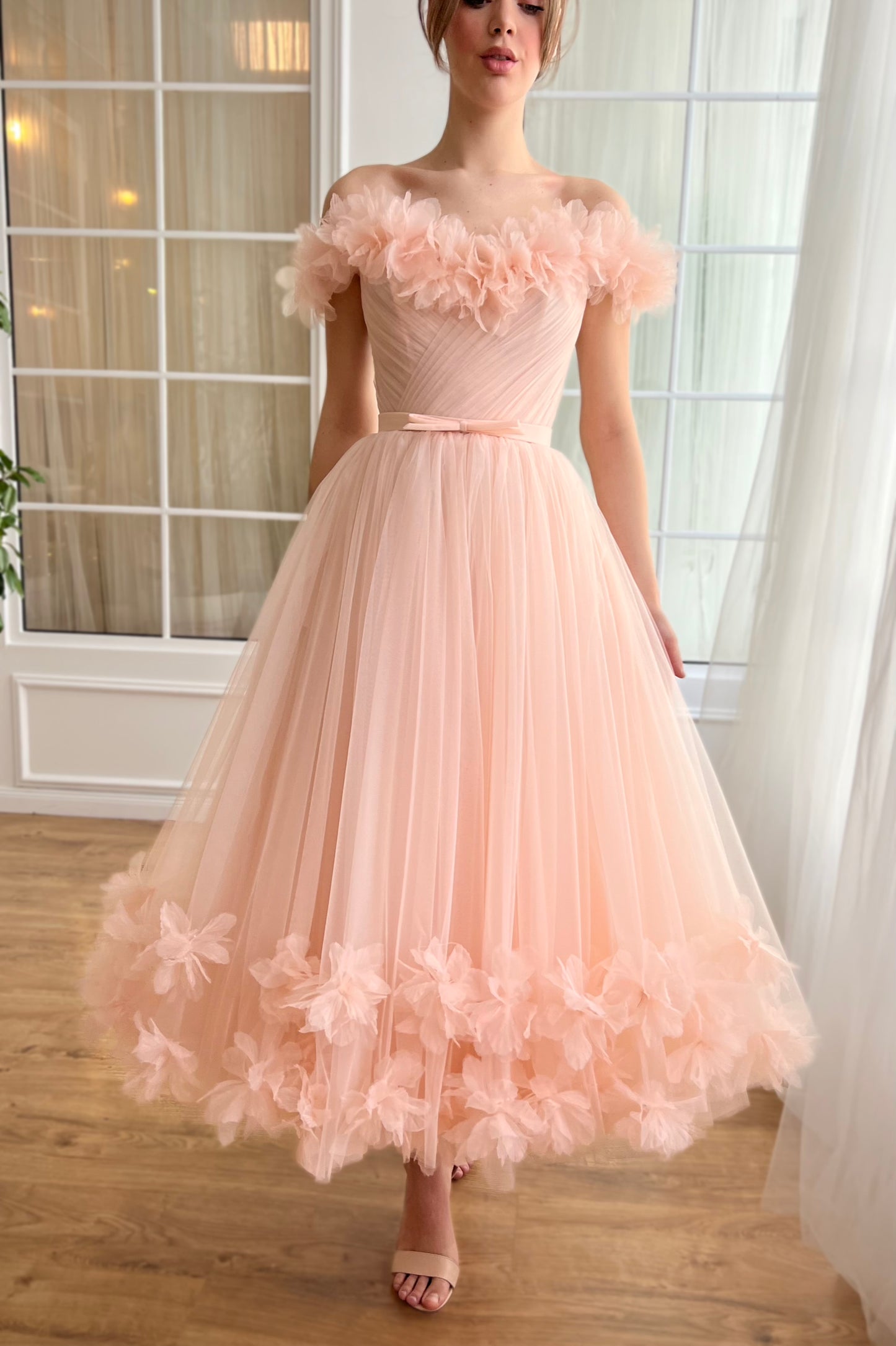 Peach midi dress with off the shoulder sleeves and embroidery