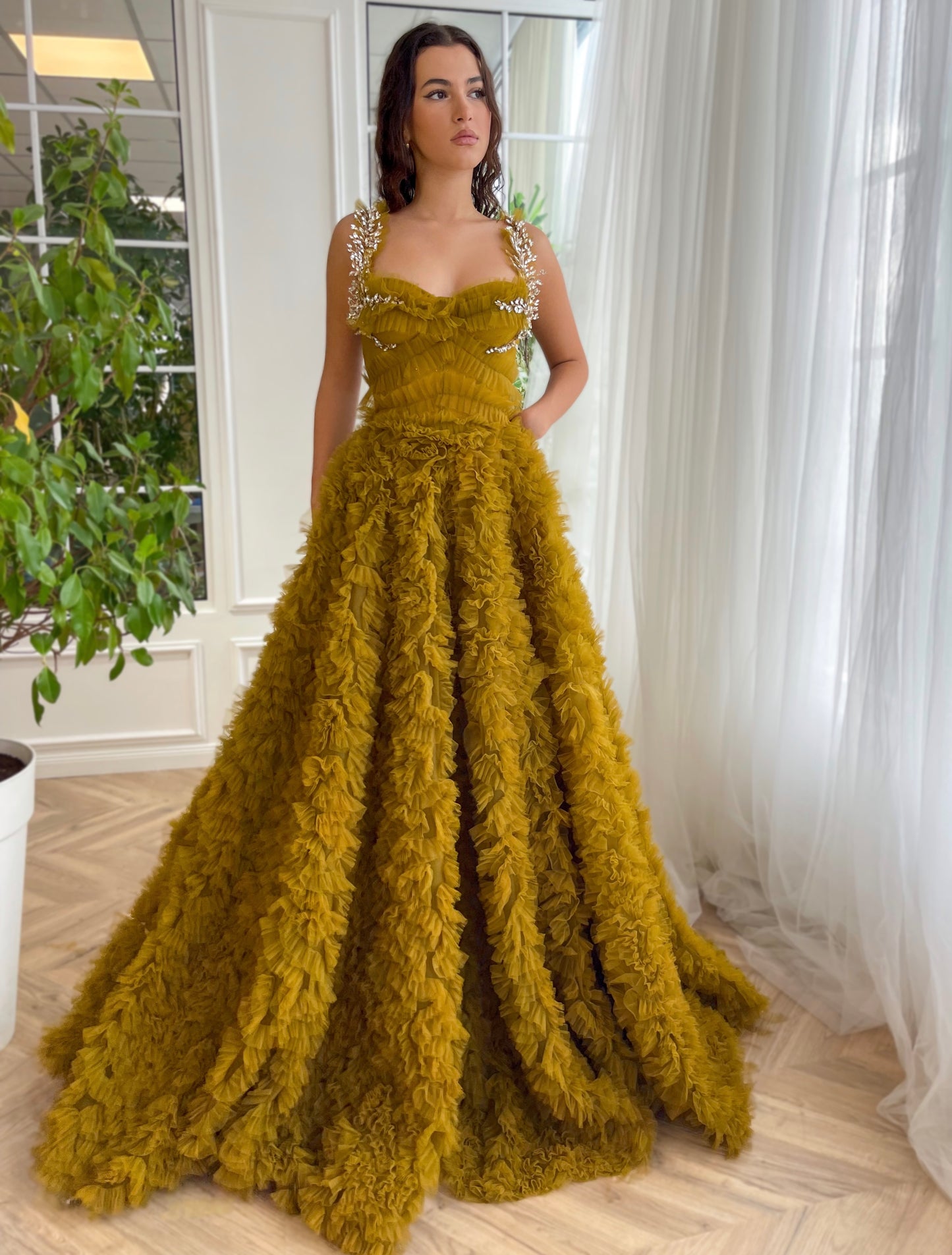 Gold A-Line dress with ruffles, embroidery and spaghetti straps