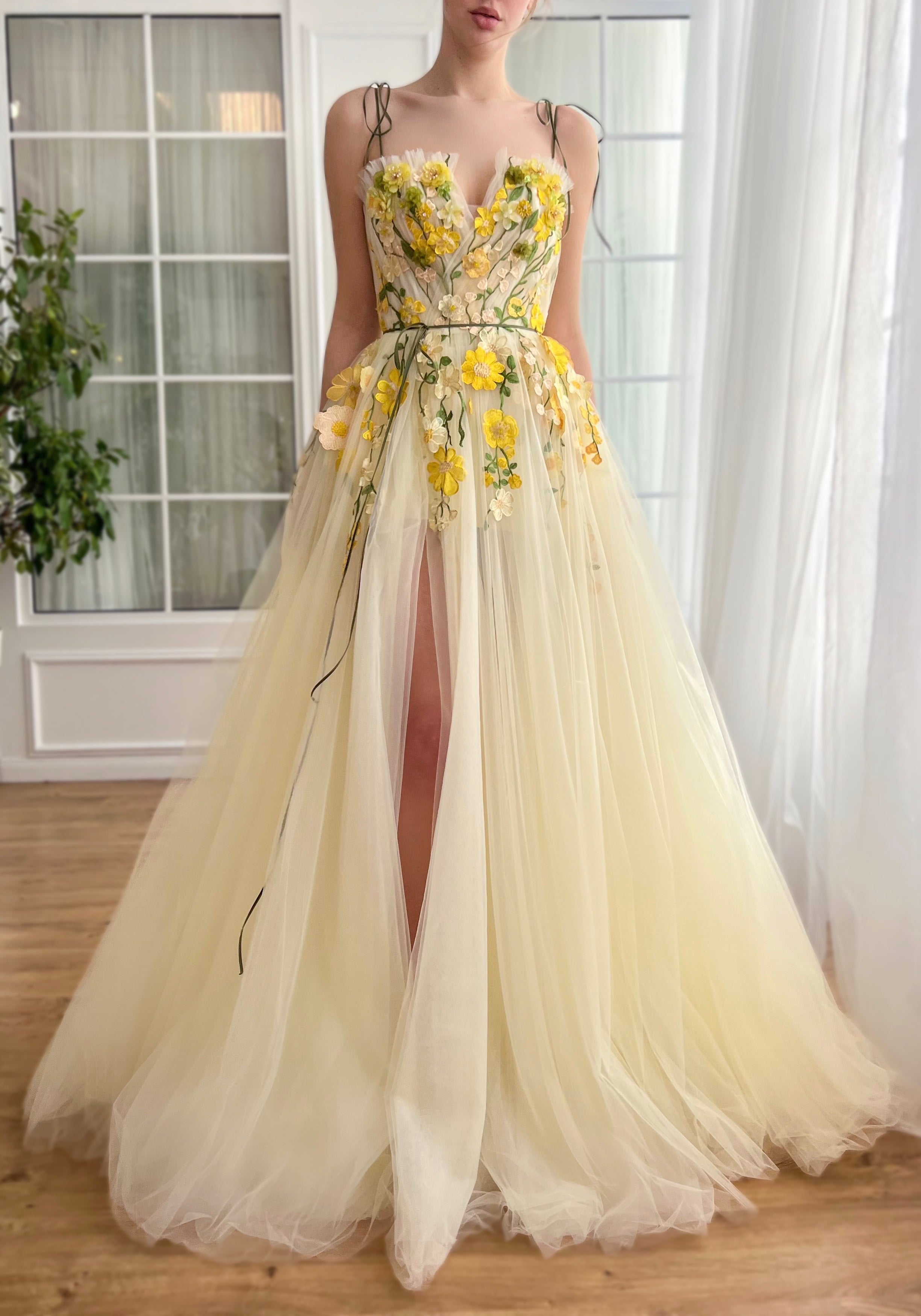Yellow A-Line dress with spaghetti straps and embroidered flowers