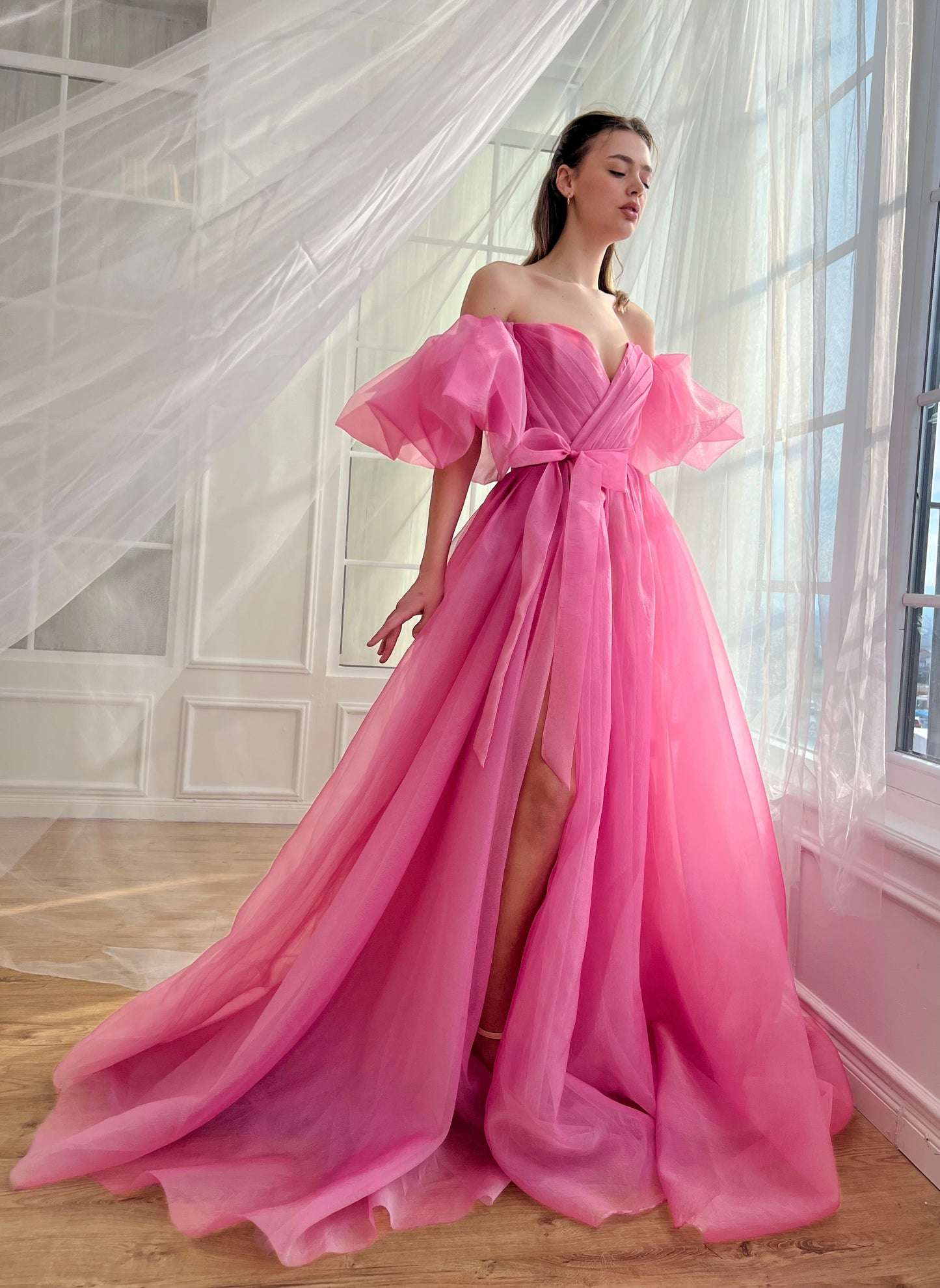 Pink A-Line dress with off the shoulder sleeves