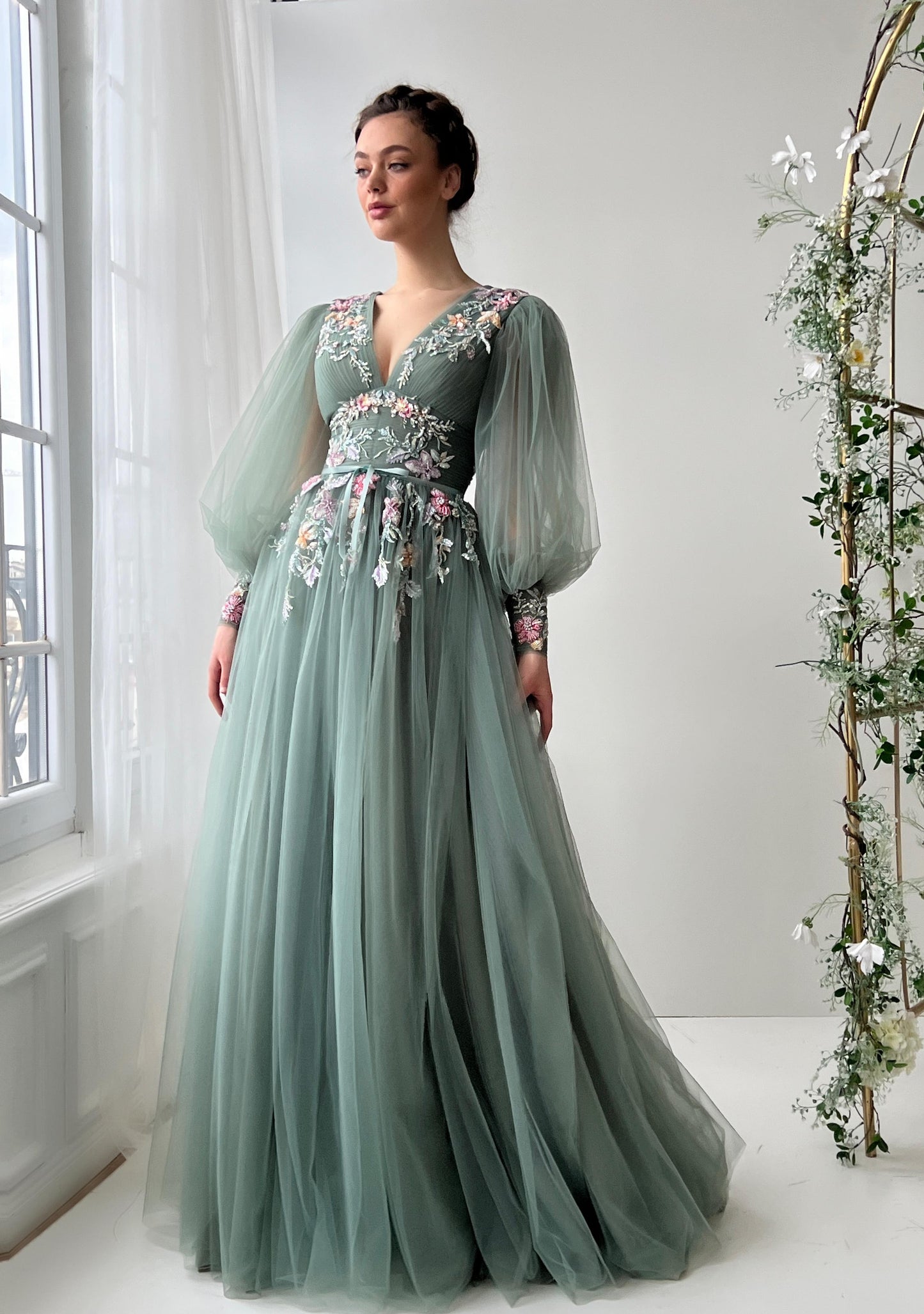 Green A-Line dress with v-neck, long sleeves and embroidery
