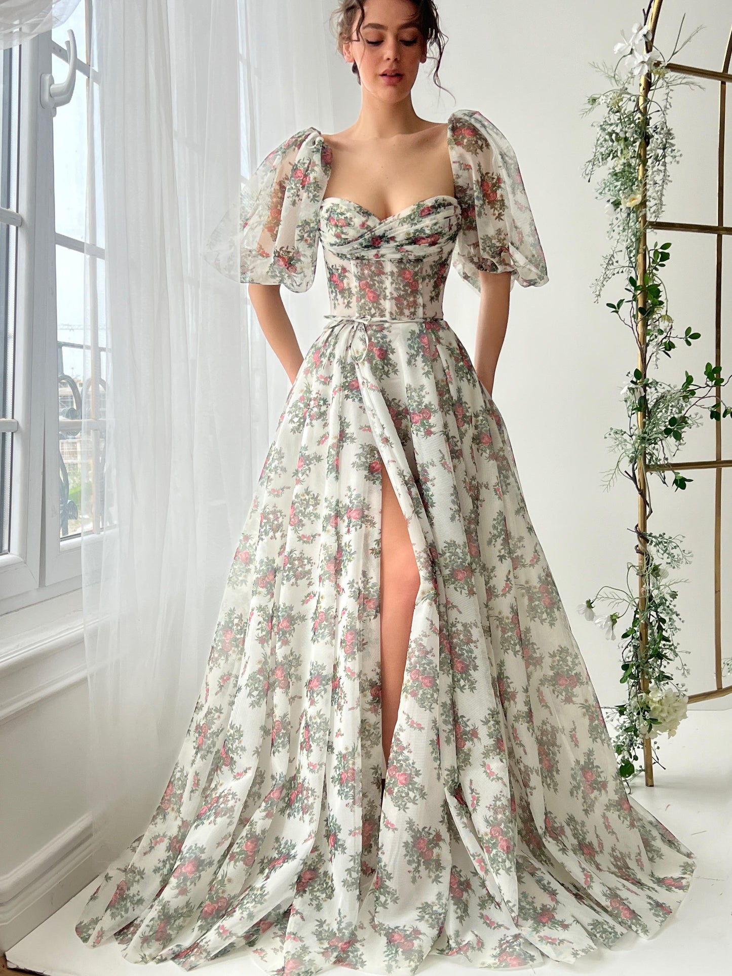 White and green A-Line dress with printed floral fabric and short sleeves