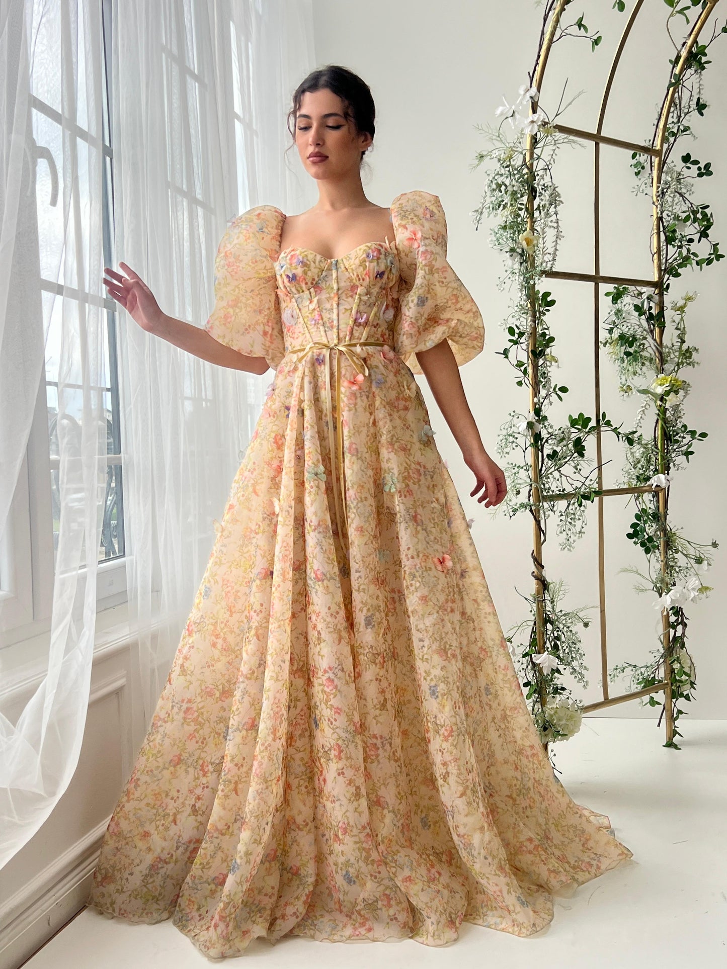 Beige A-Line dress with short sleeves and embroidered butterflies