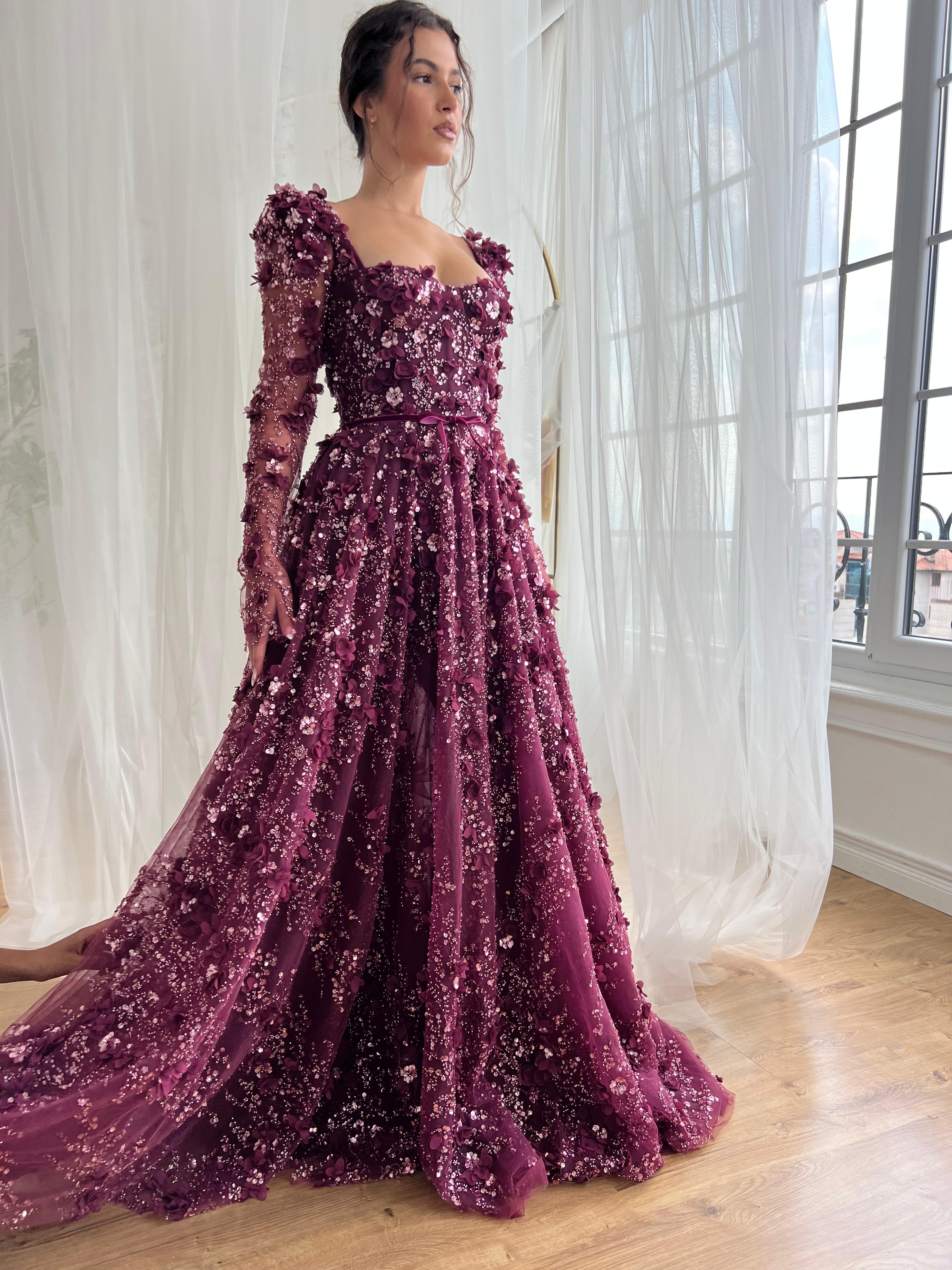 Purple A-Line dress with long sleeves and embroidery