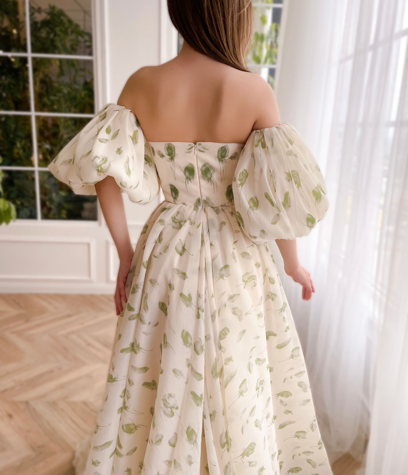 Beige A-Line dress with off the shoulder sleeves and print