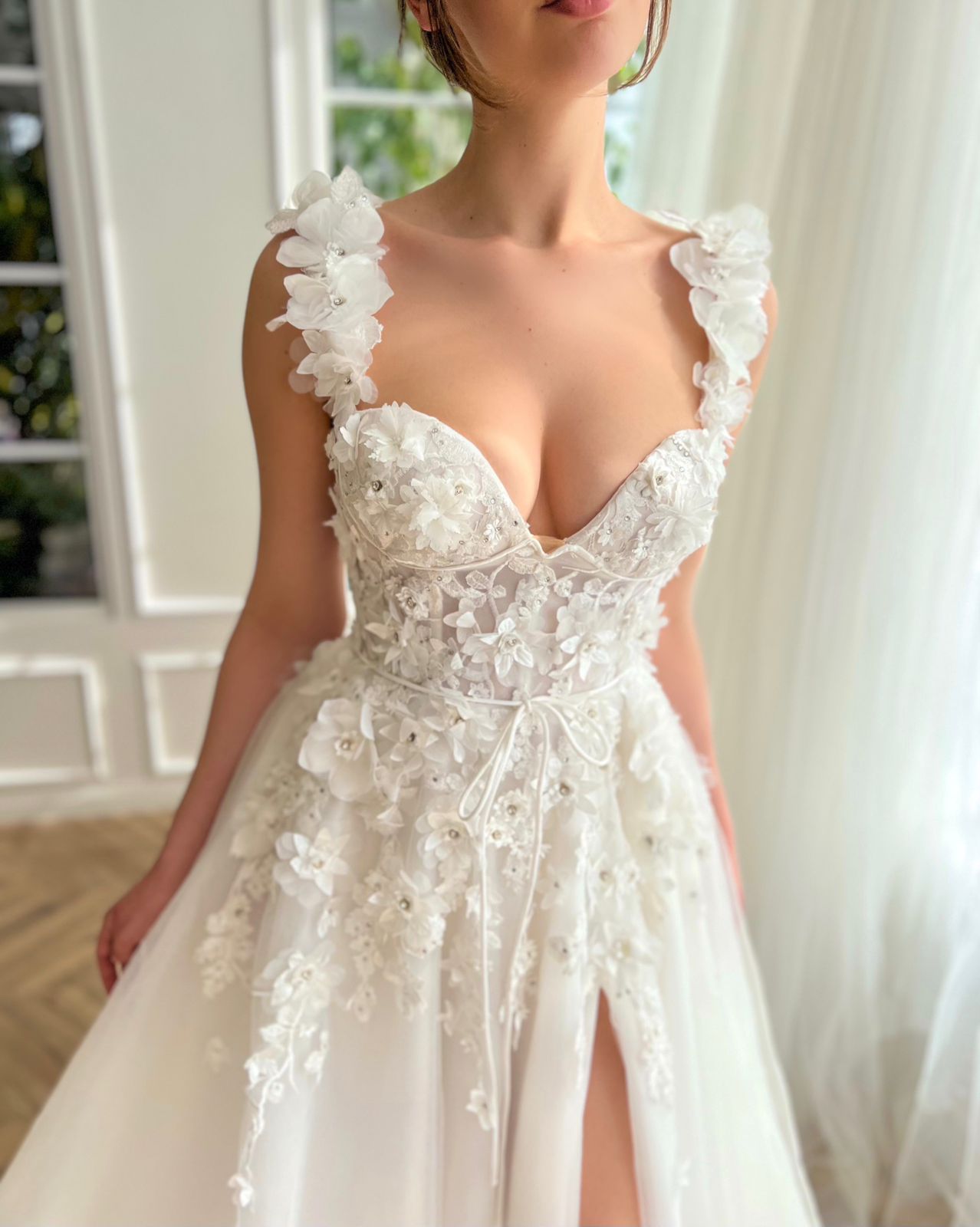 White A-Line bridal dress with straps, v-neck and embroidery