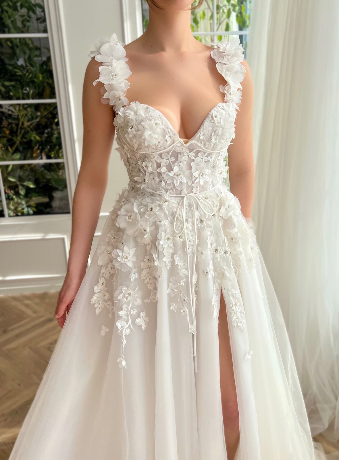 White A-Line bridal dress with straps, v-neck and embroidery