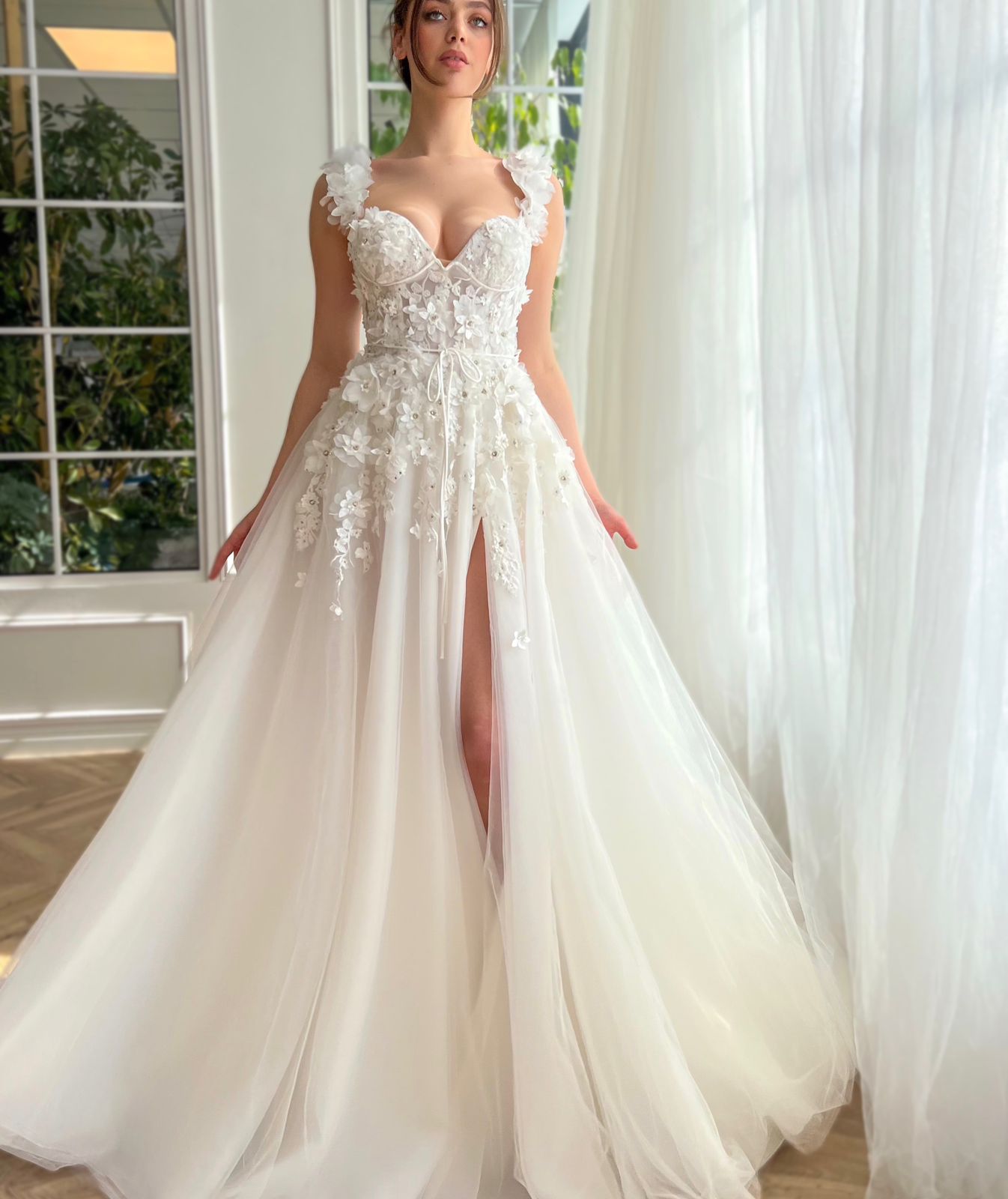 White A-Line bridal dress with straps, v-neck and embroidery