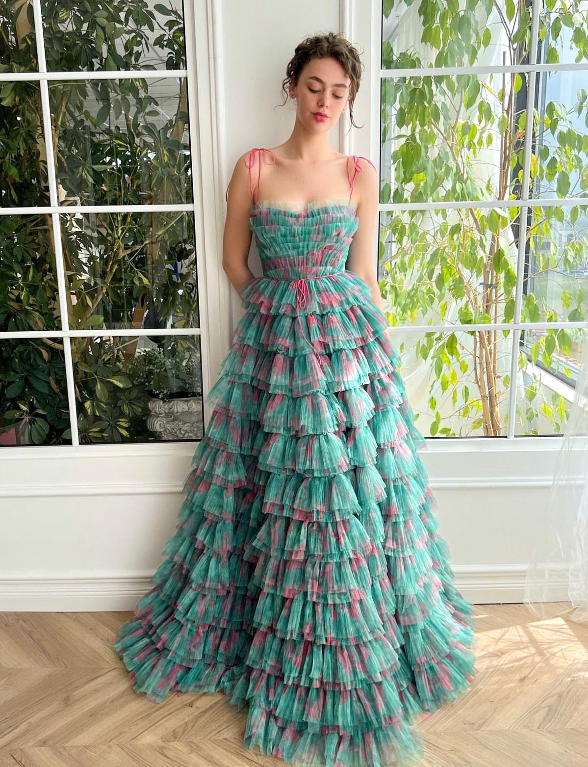 Green A-Line dress with ruffles and spaghetti straps