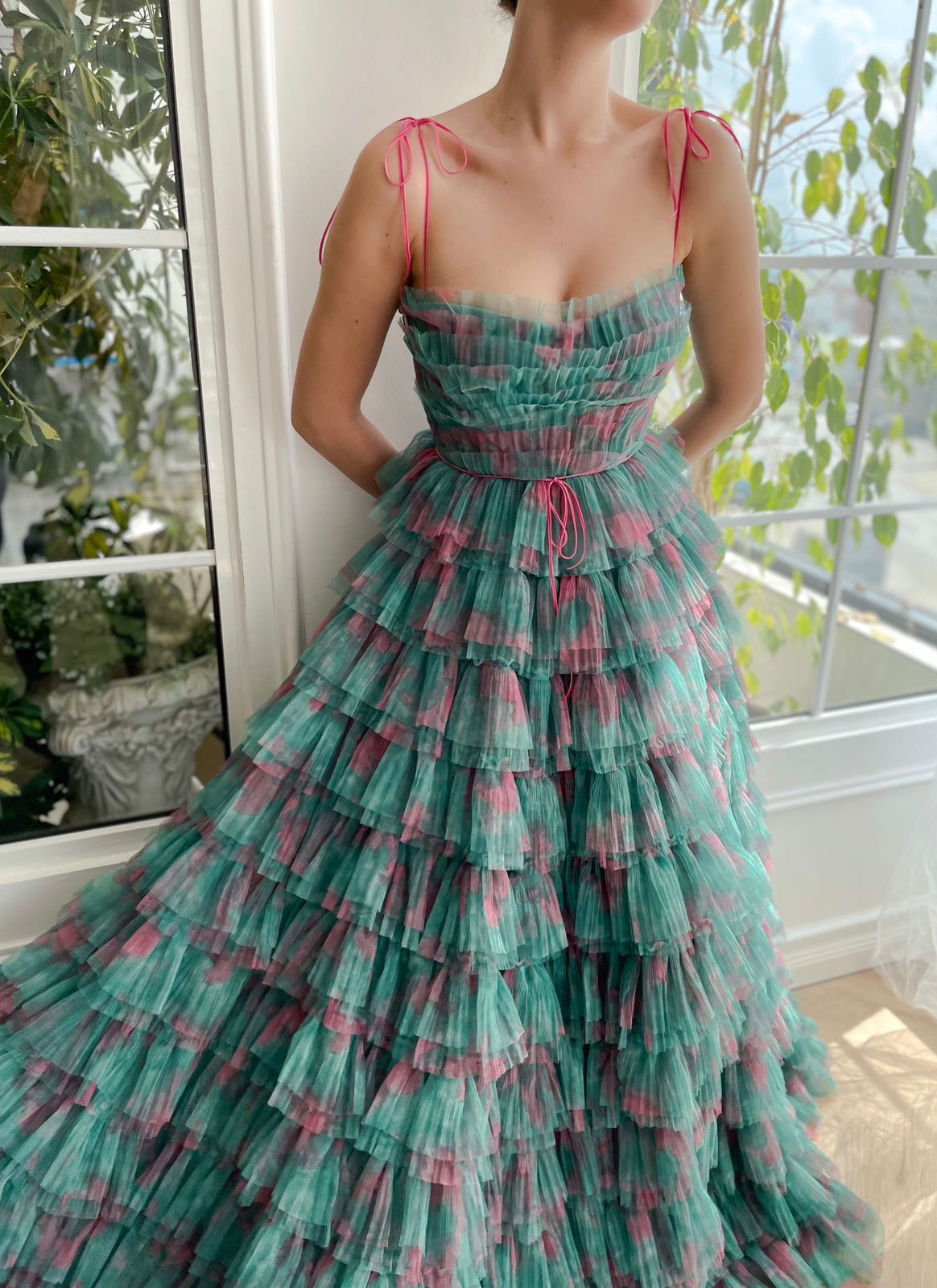 Green A-Line dress with ruffles and spaghetti straps