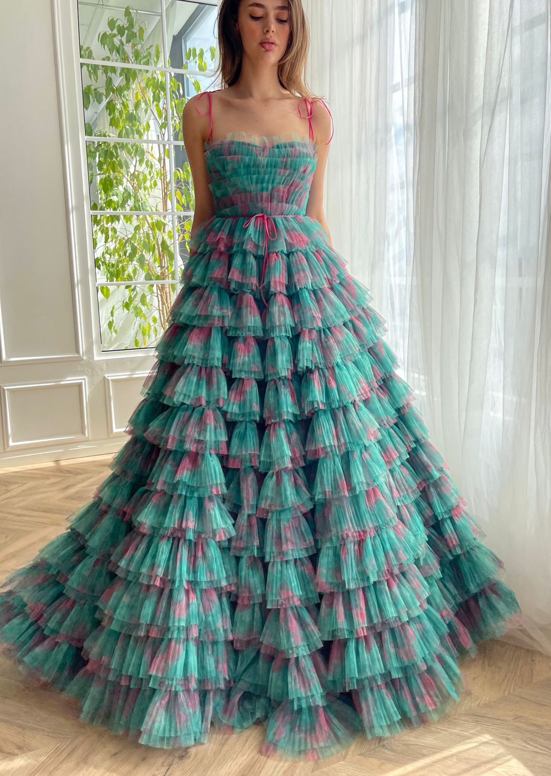 Green A-Line dress with ruffles and spaghetti straps