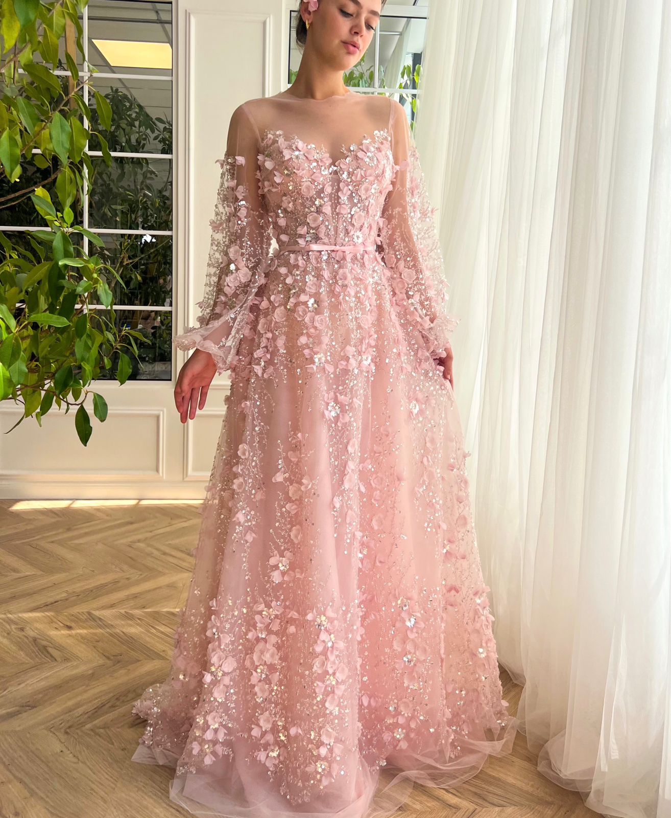 Pink A-Line dress with long sleeves and embroidery