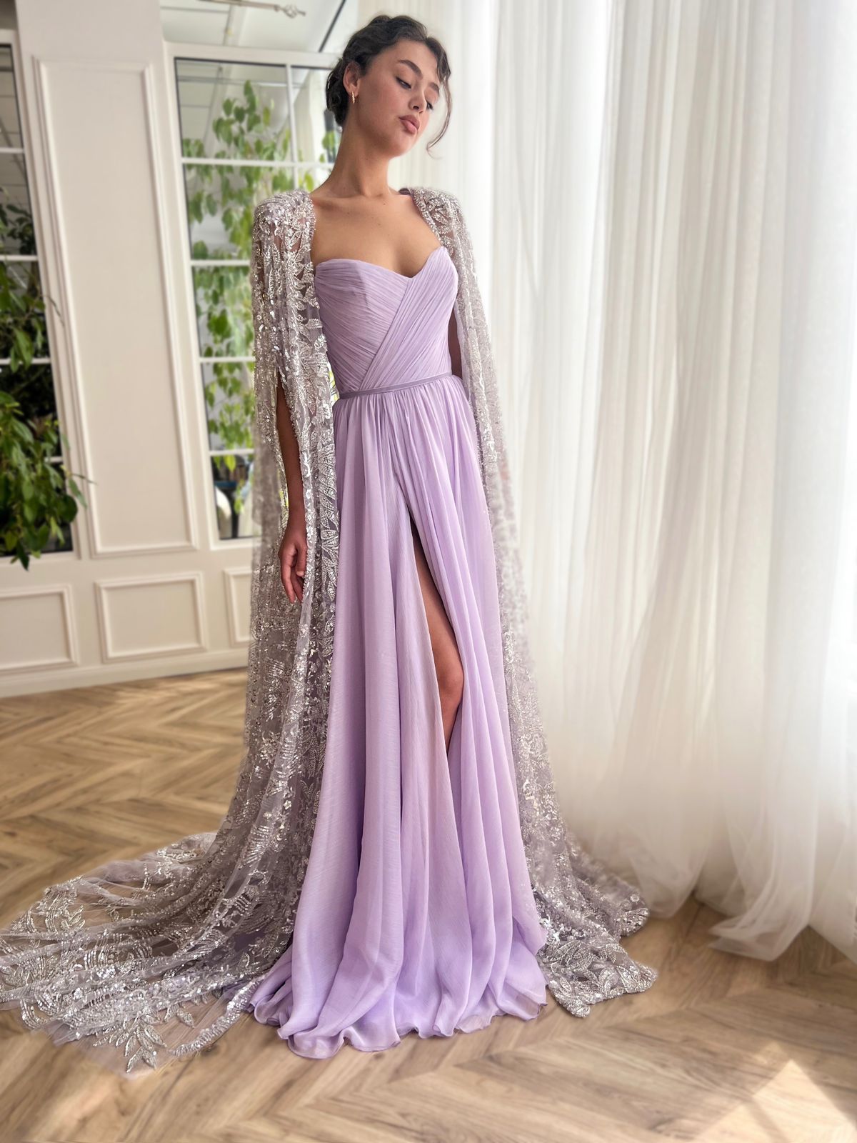 Purple A-Line dress with cape sleeves and embroidery