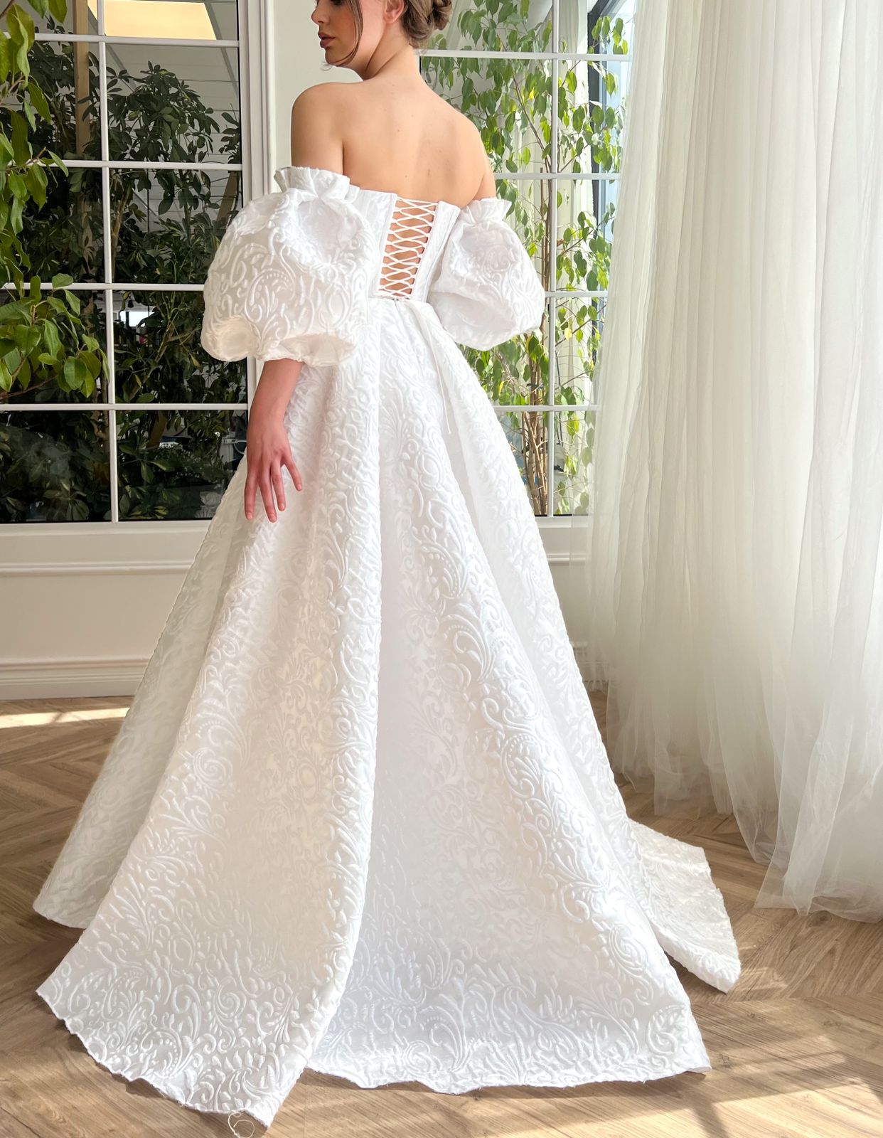 White A-Line bridal dress with off the shoulder sleeves