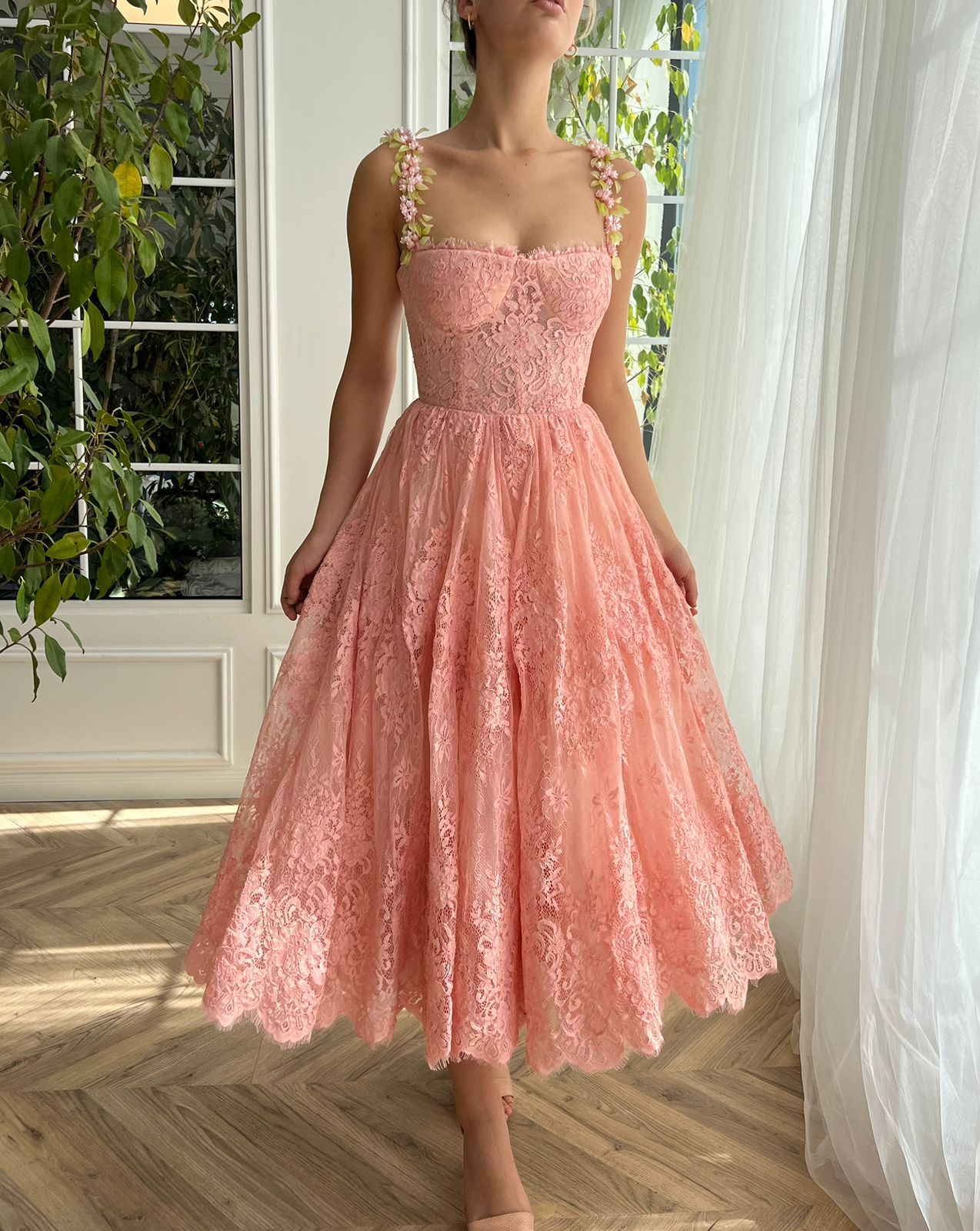 Pink midi dress with embroidery and spaghetti straps