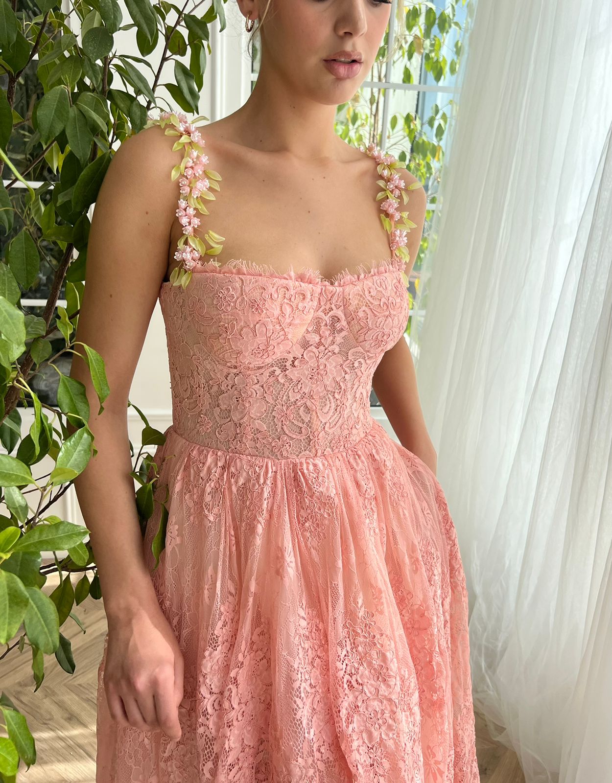 Pink midi dress with embroidery and spaghetti straps