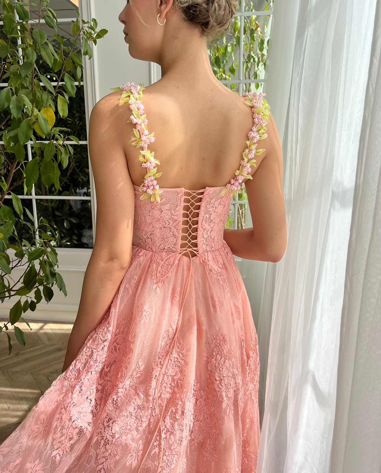 Pink midi dress with embroidery and spaghetti straps