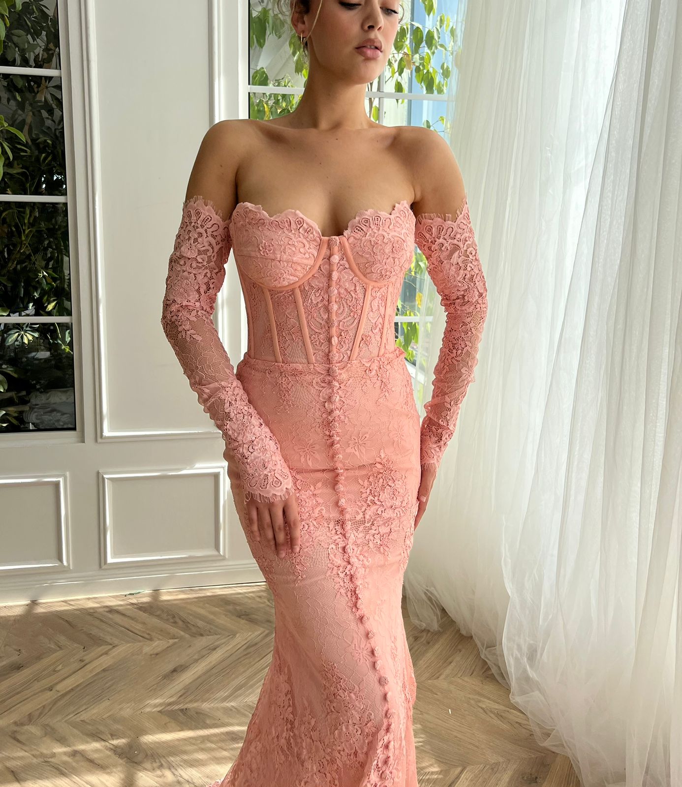Pink mermaid dress with long off the shoulder sleeves