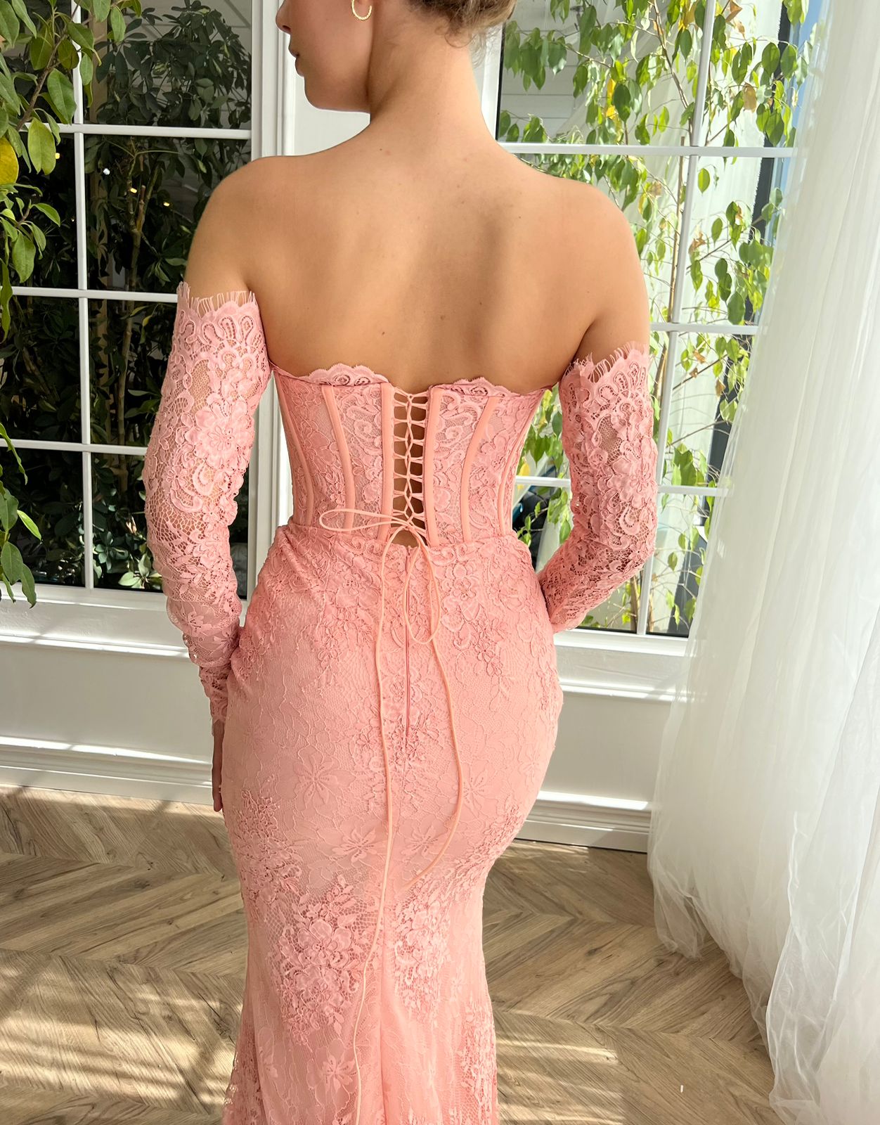Pink mermaid dress with long off the shoulder sleeves