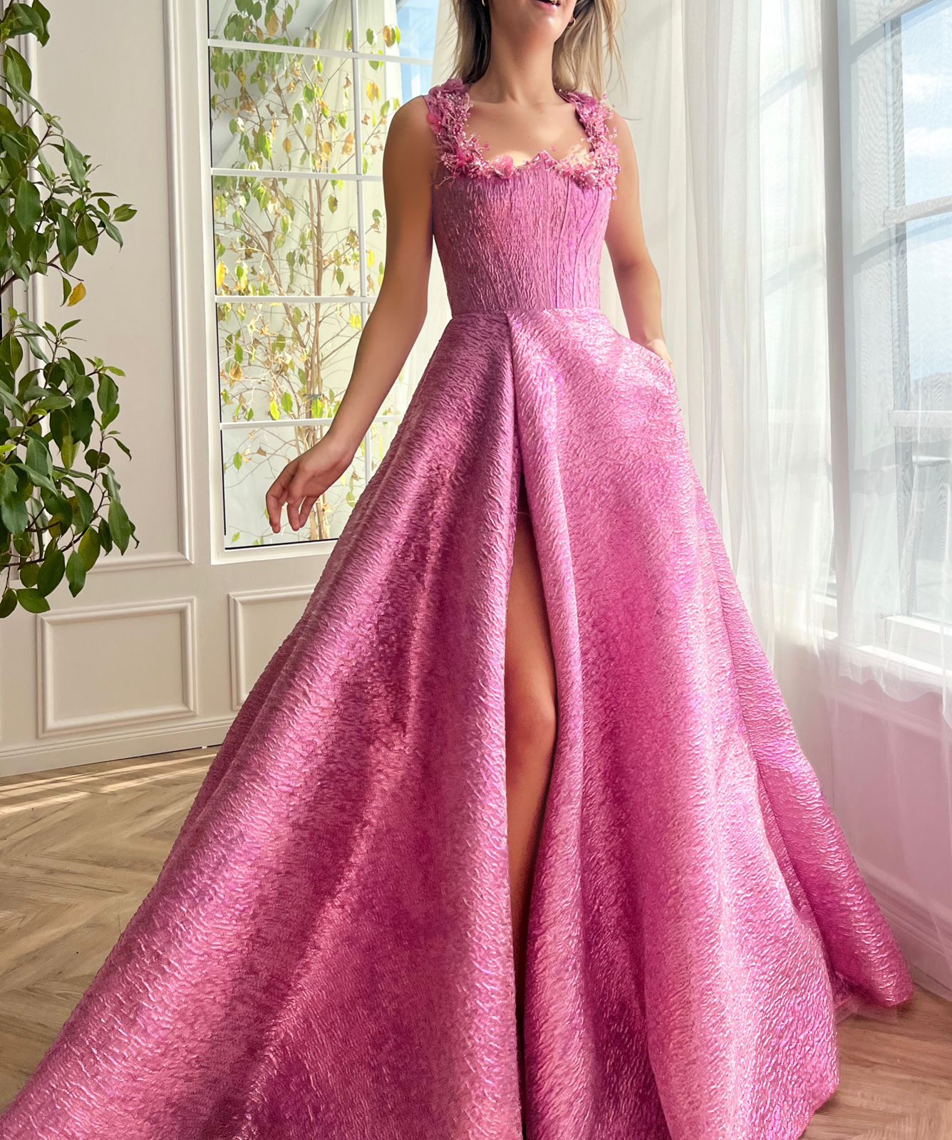 Pink A-Line dress with straps and embroidery