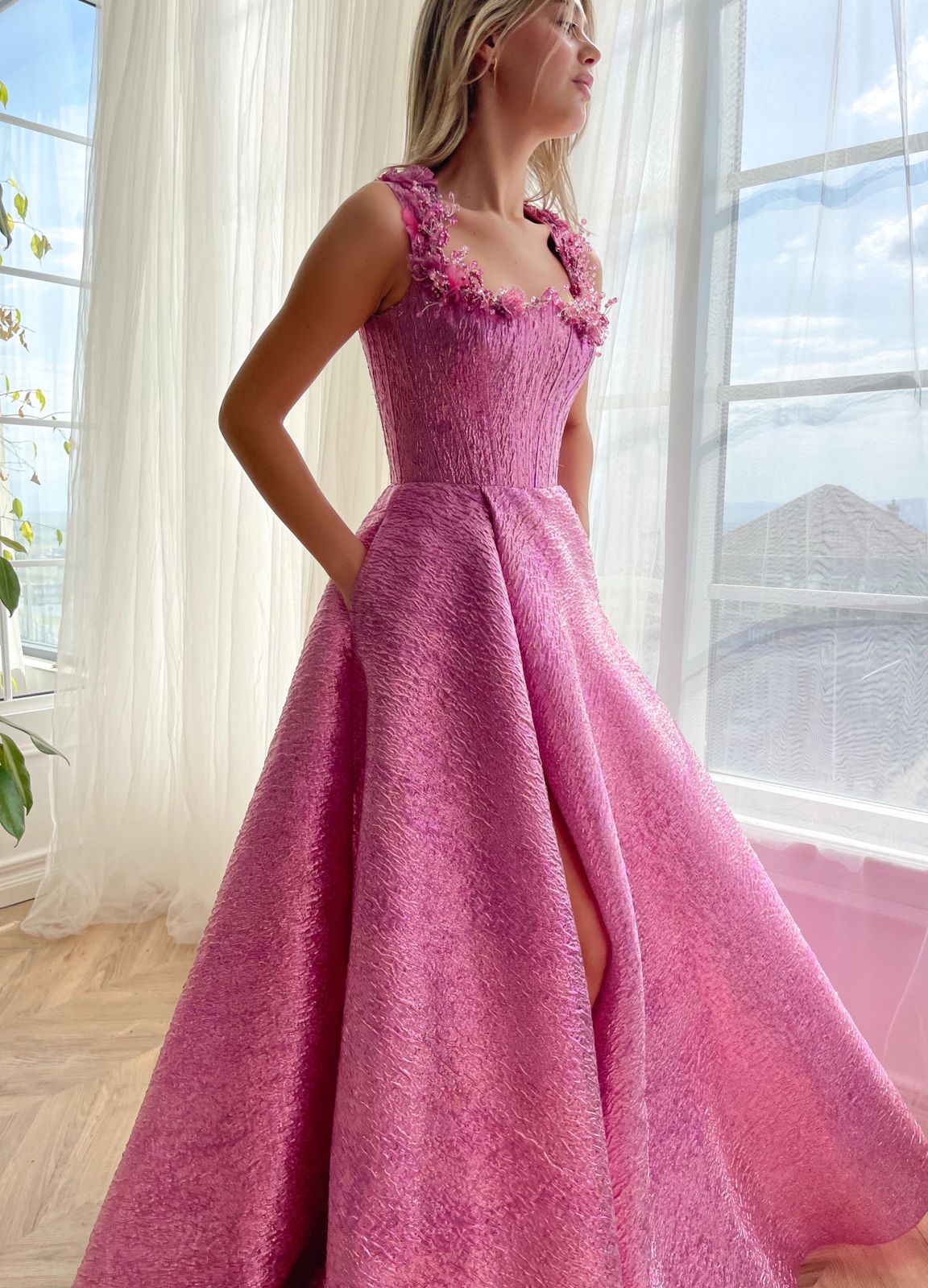 Pink A-Line dress with straps and embroidery