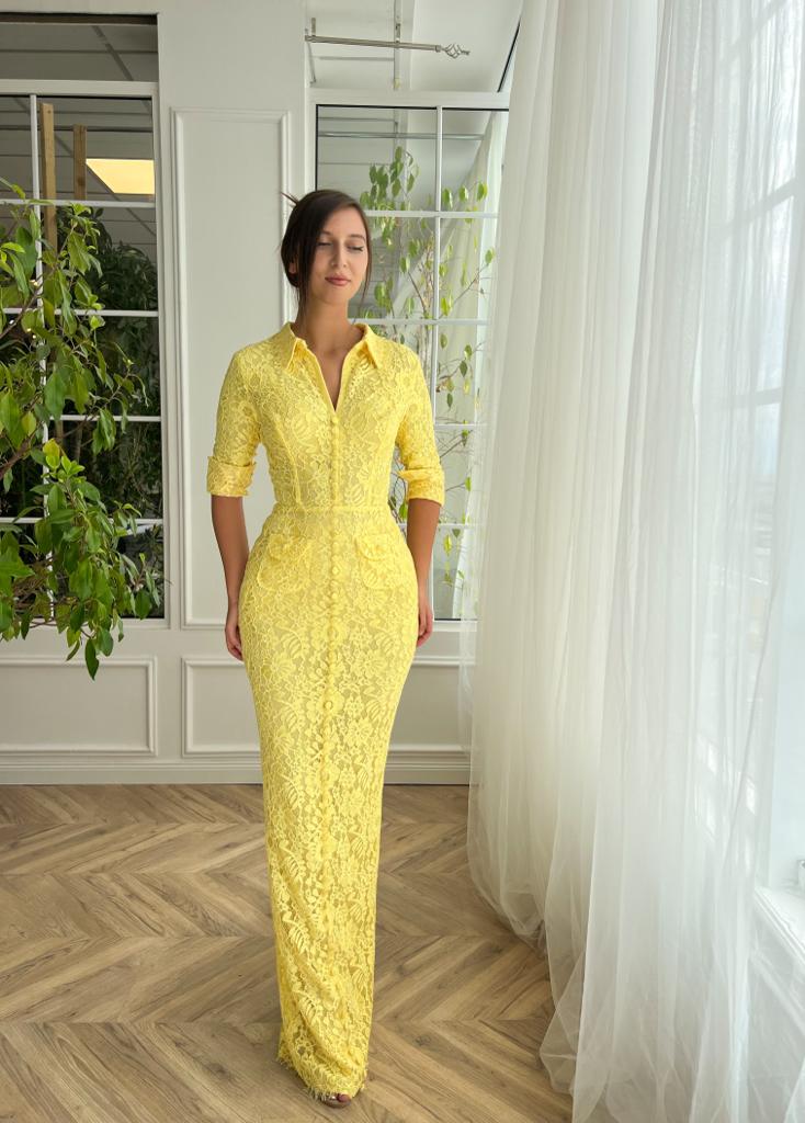 Yellow mermaid dress with short sleeves