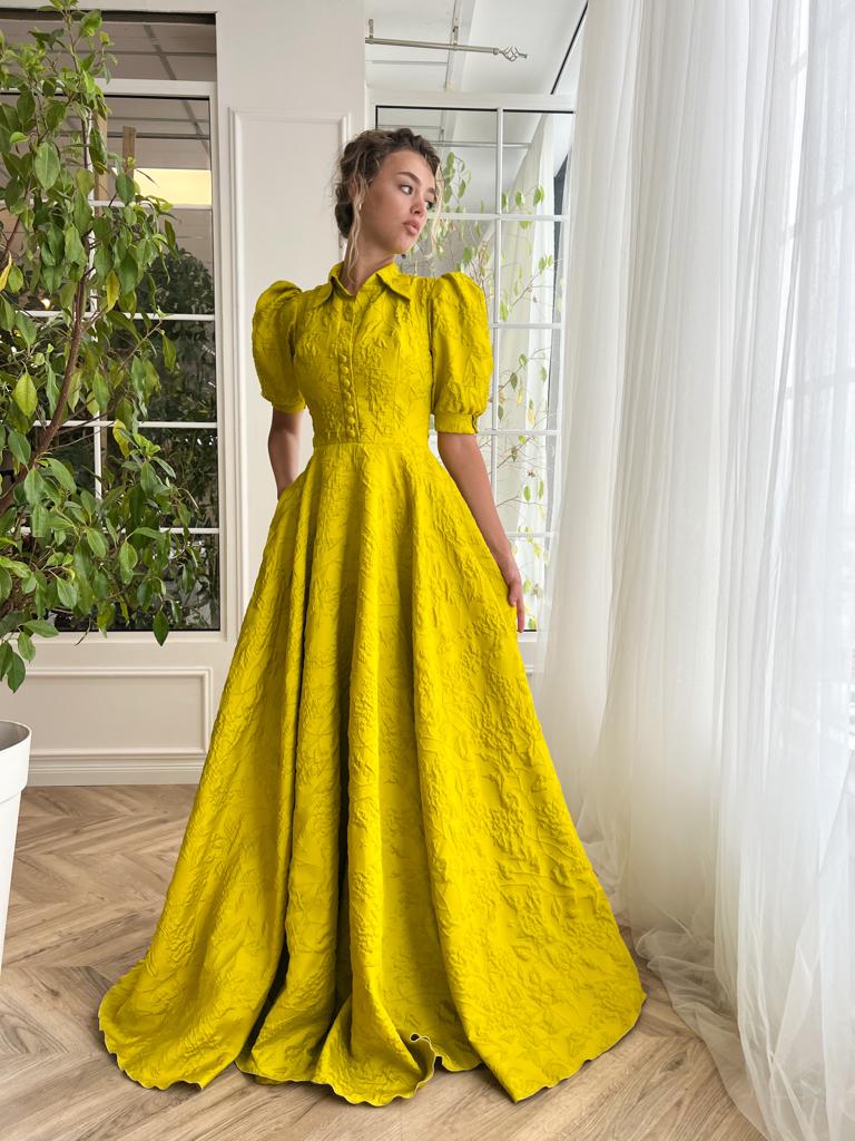 Yellow A-Line dress with short sleeves