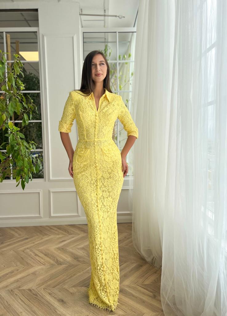 Yellow mermaid dress with short sleeves