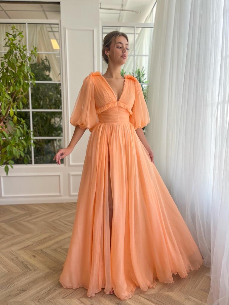Peach A-Line dress with silk, v-neck and short sleeves