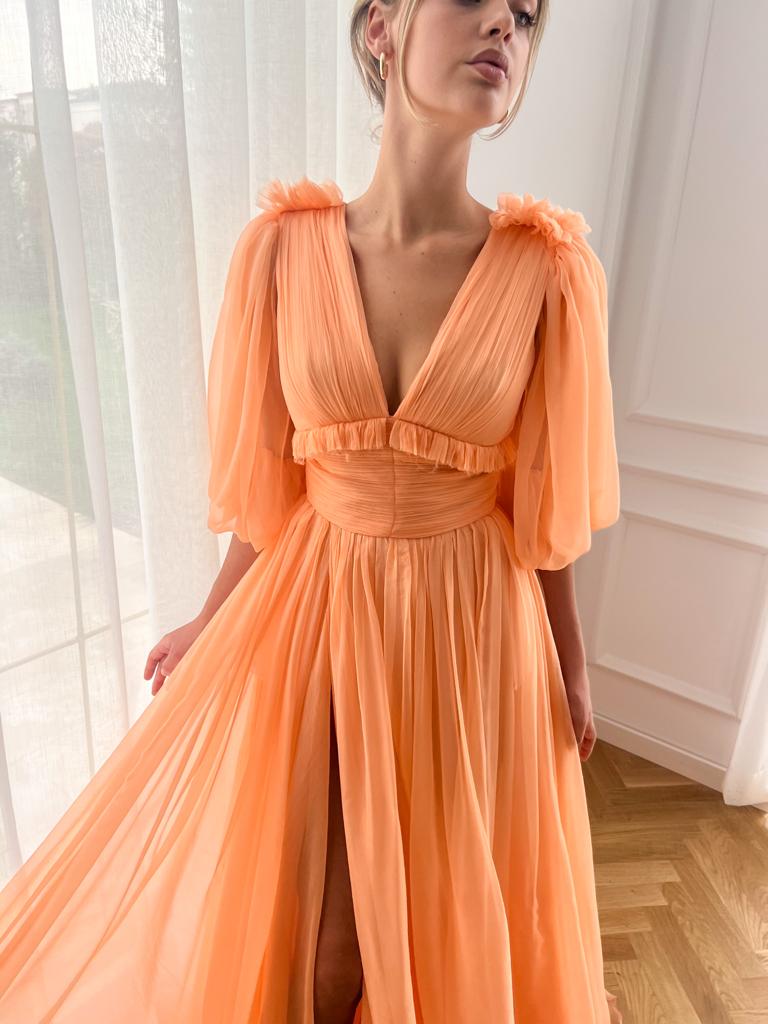Peach A-Line dress with silk, v-neck and short sleeves