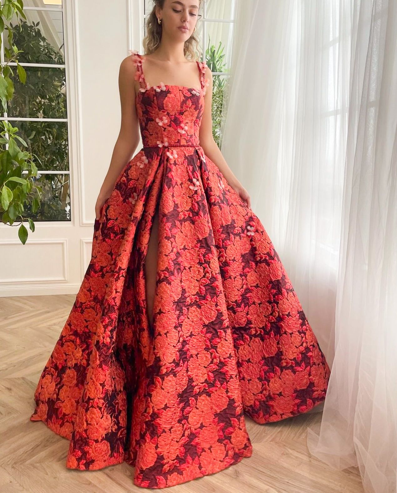 Red A-Line dress with embroidered butterflies and spaghetti straps