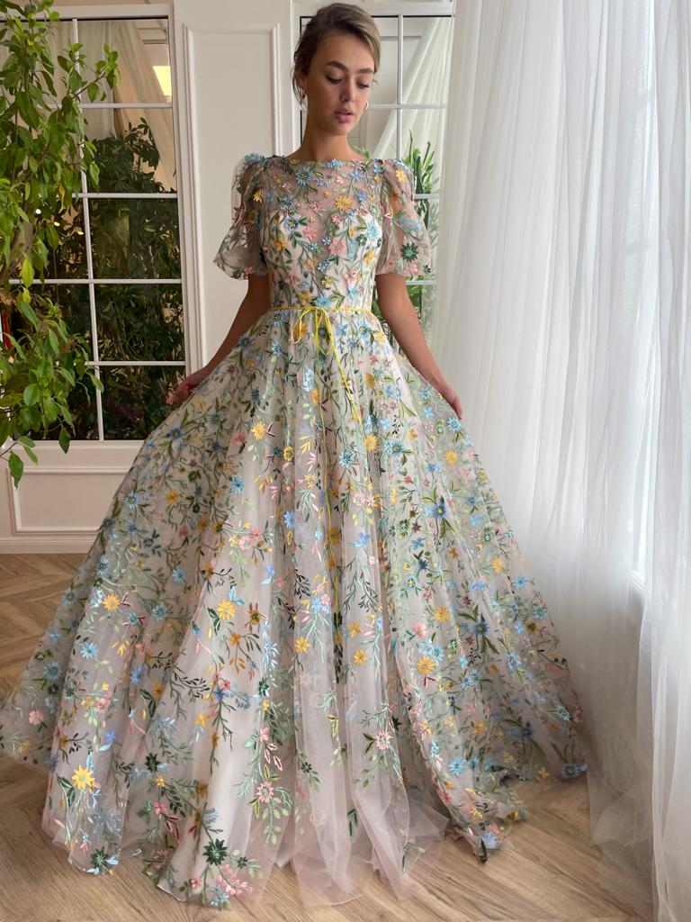 Beige A-Line dress with short sleeves and floral embroidery