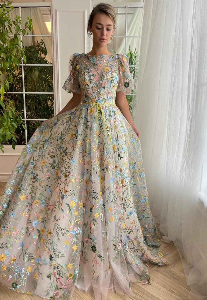 Beige A-Line dress with short sleeves and floral embroidery