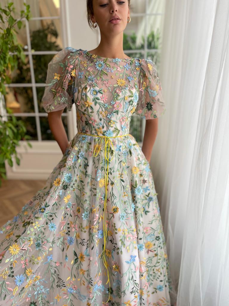Beige A-Line dress with short sleeves and floral embroidery