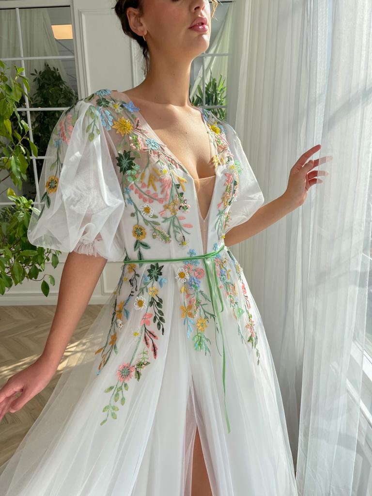 White A-Line dress with short sleeves, v-neck and embroidery