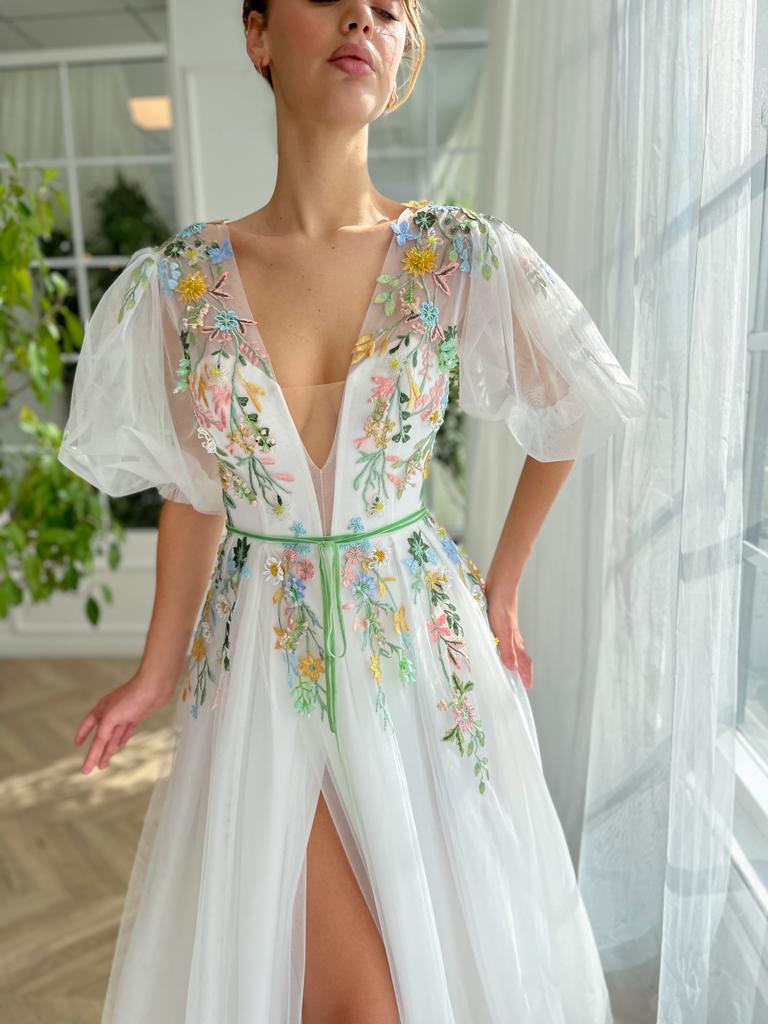 White A-Line dress with short sleeves, v-neck and embroidery